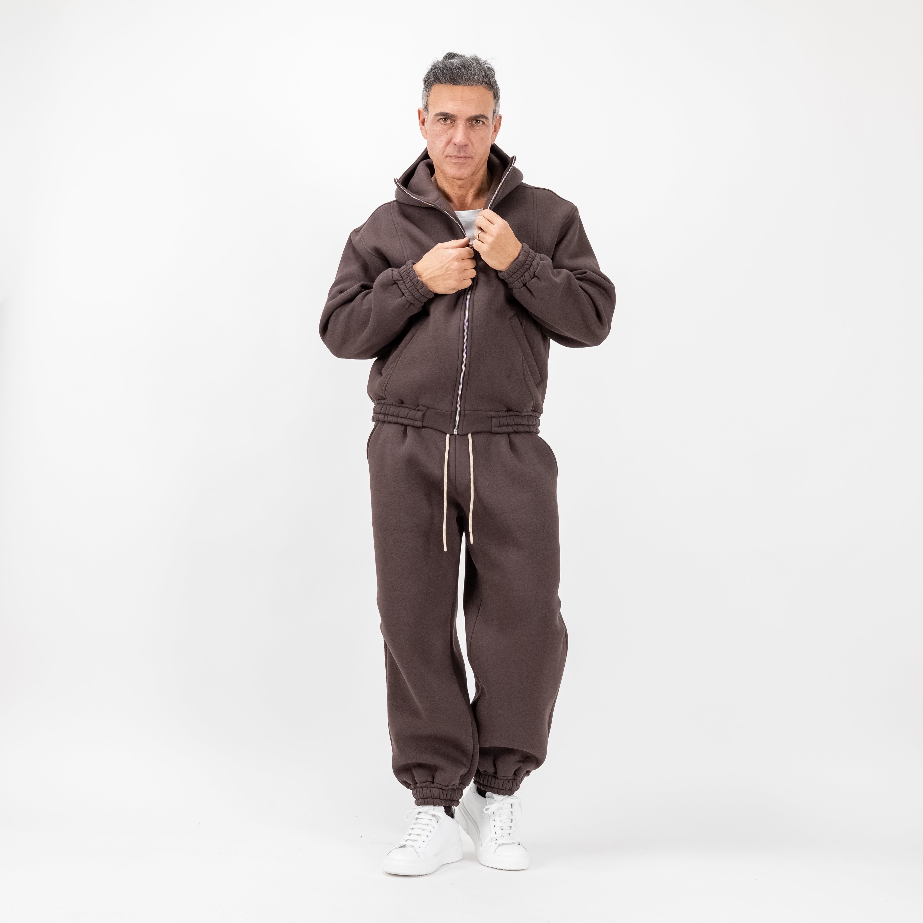 Tuta con felpa zip e pantalaccio comfy - Marrone