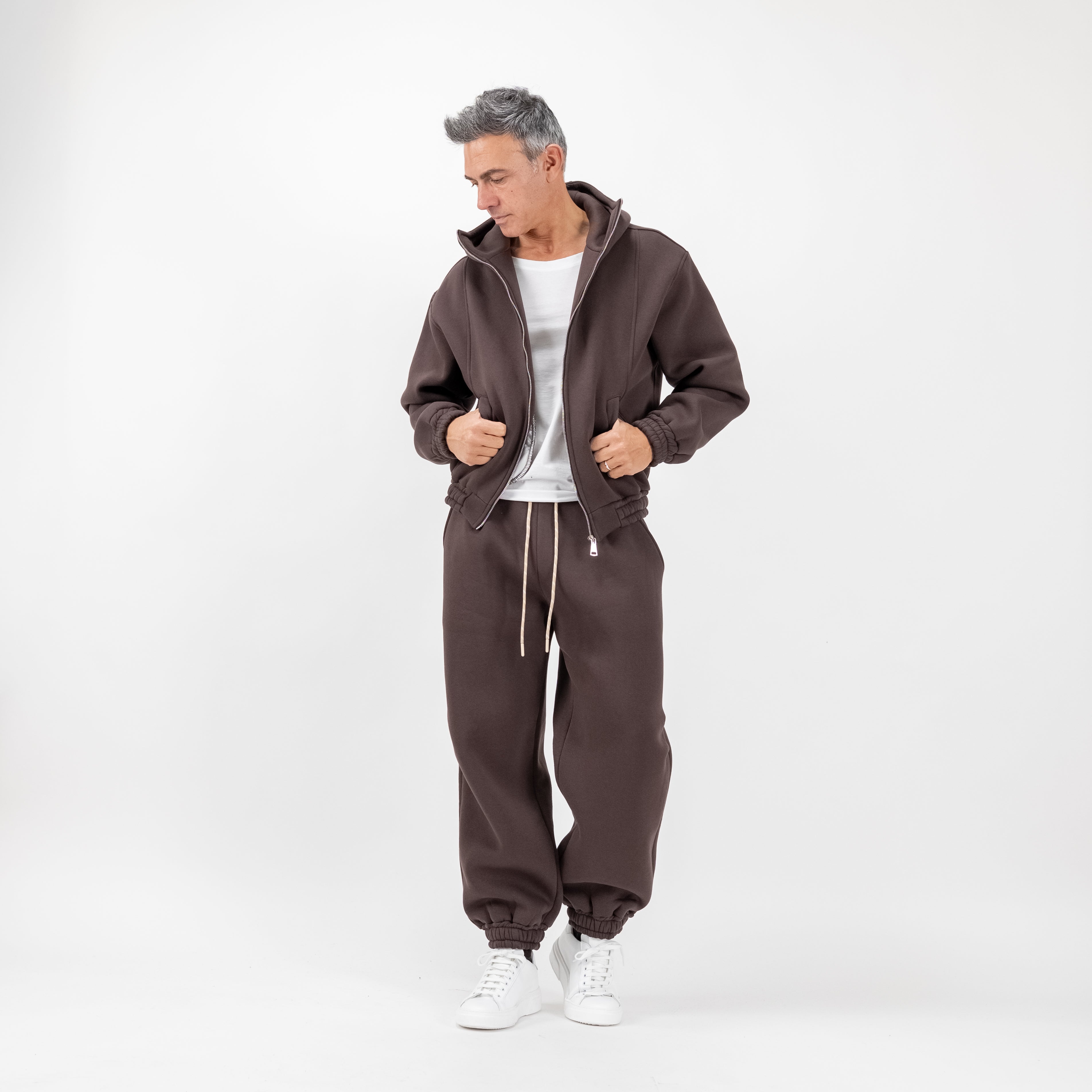 Tuta con felpa zip e pantalaccio comfy - Marrone