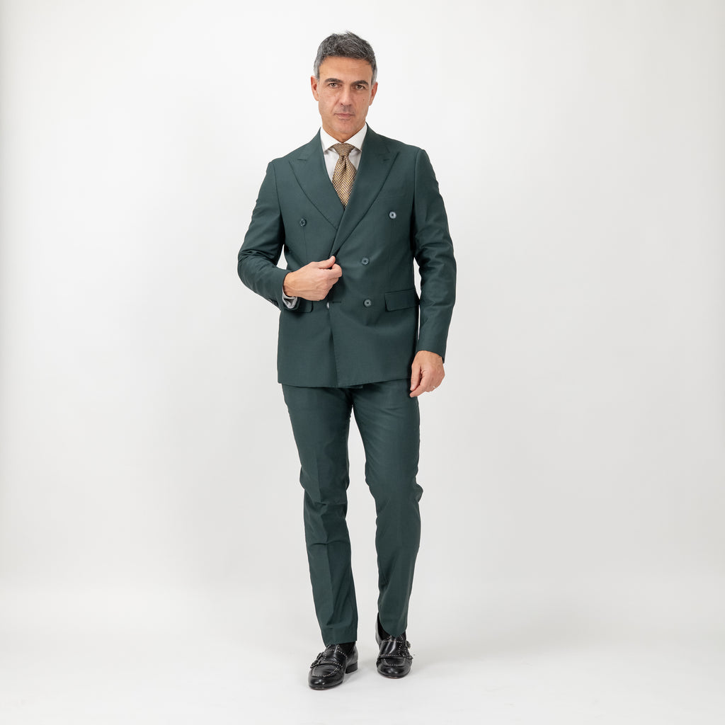Double-breasted suit with topstitched peak lapels - Green