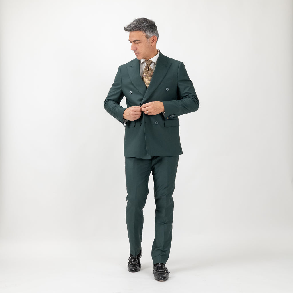 Double-breasted suit with topstitched peak lapels - Green