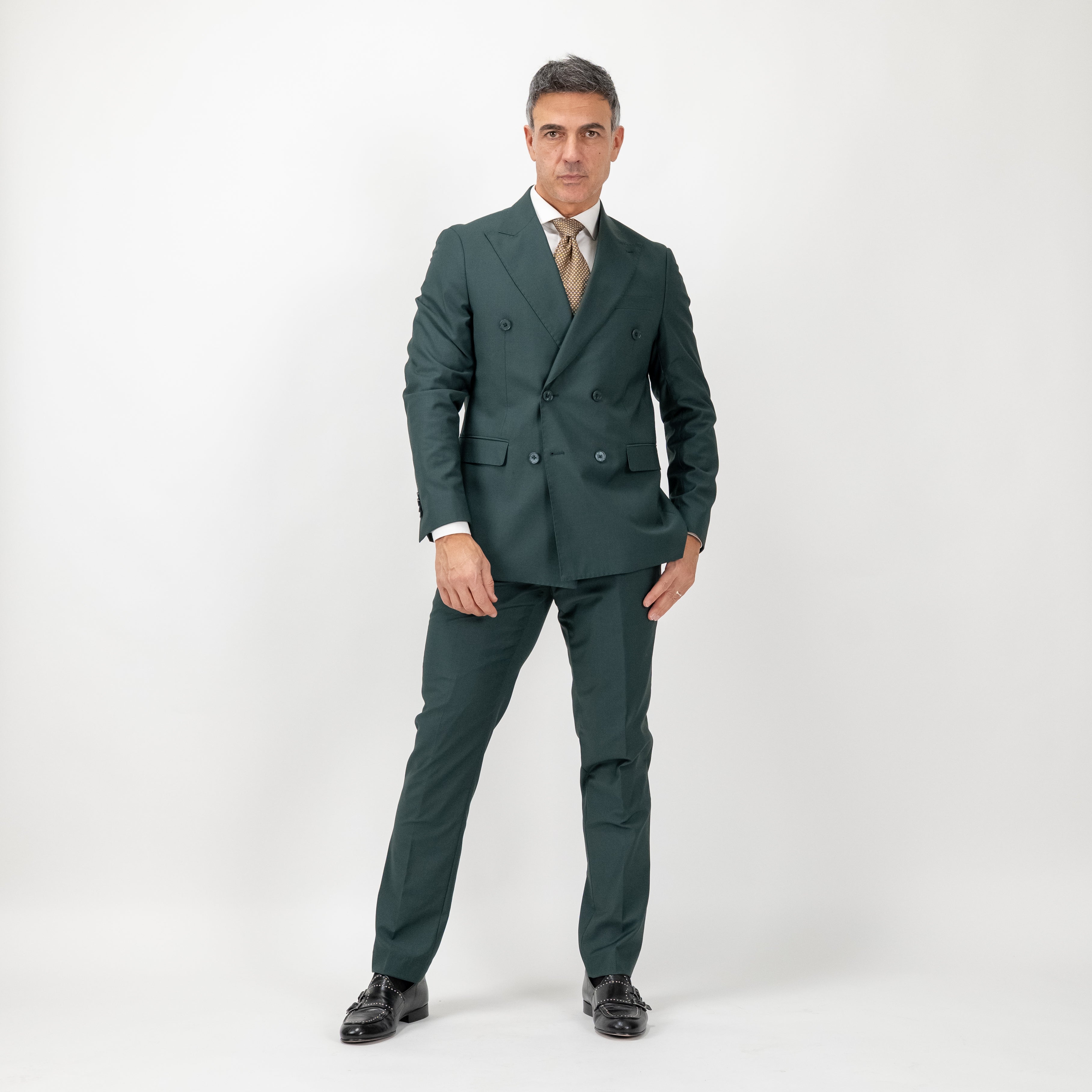 Abito doppiopetto con rever a lancia impunturato - Verde