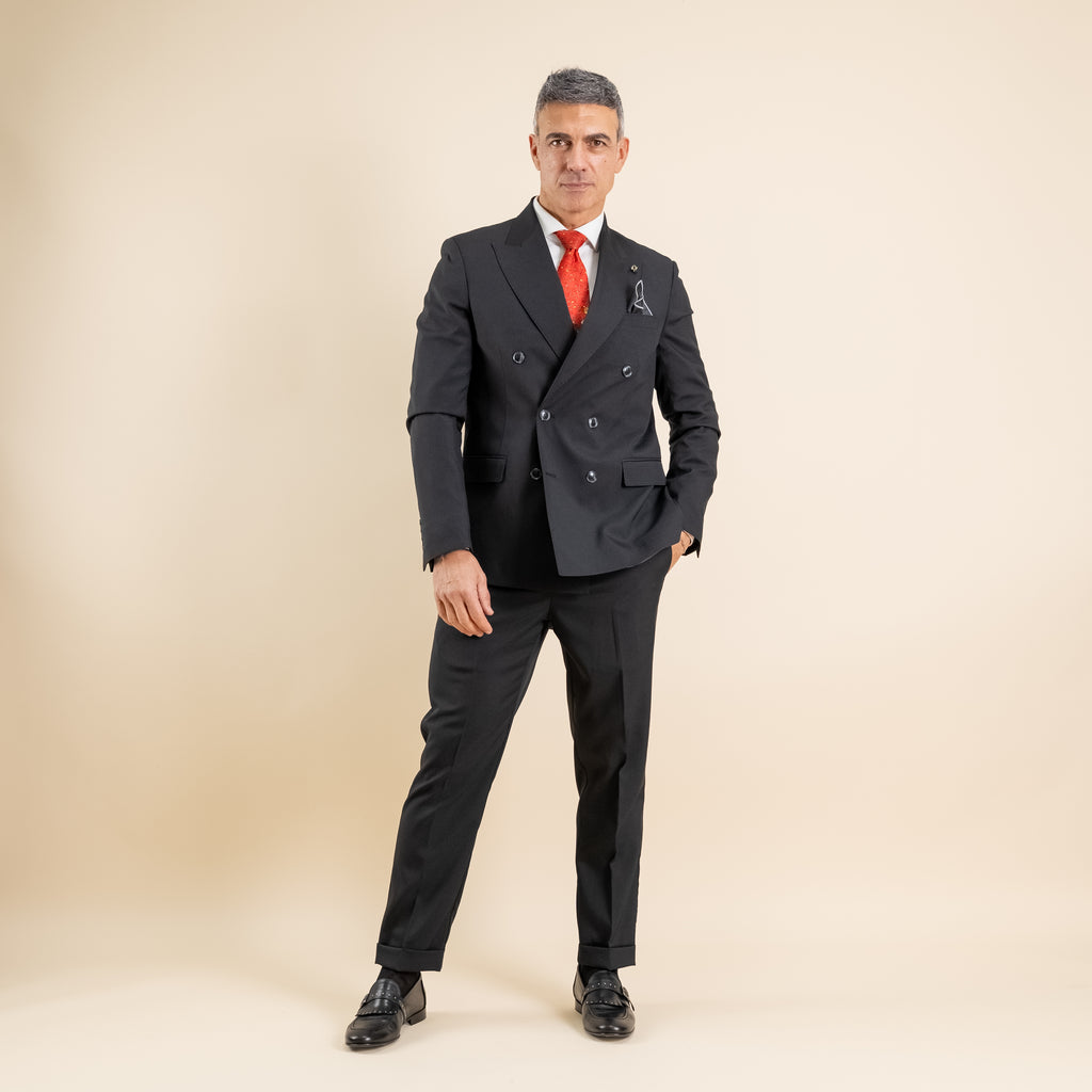 Abito doppio petto con pantalone con fibbia laterale - Nero