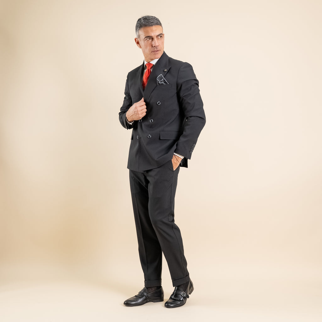 Abito doppio petto con pantalone con fibbia laterale - Nero