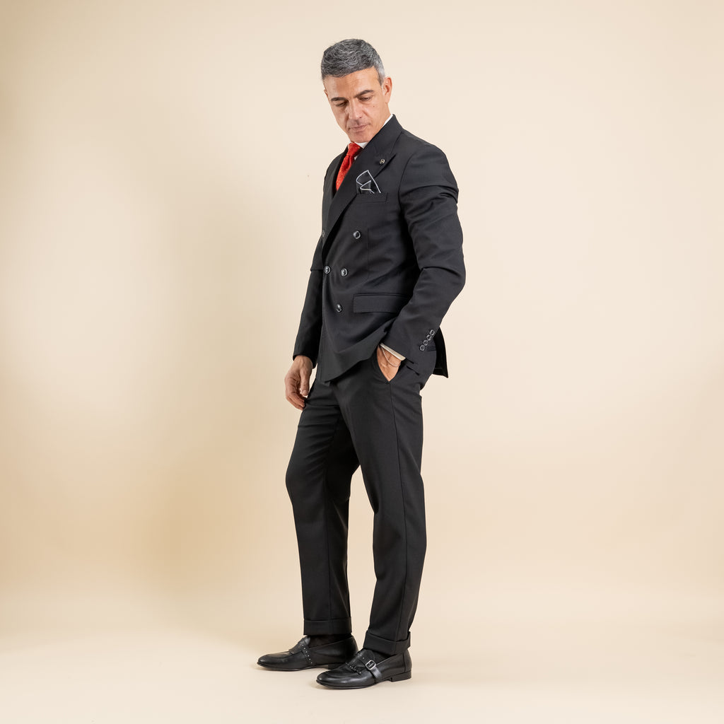 Abito doppio petto con pantalone con fibbia laterale - Nero