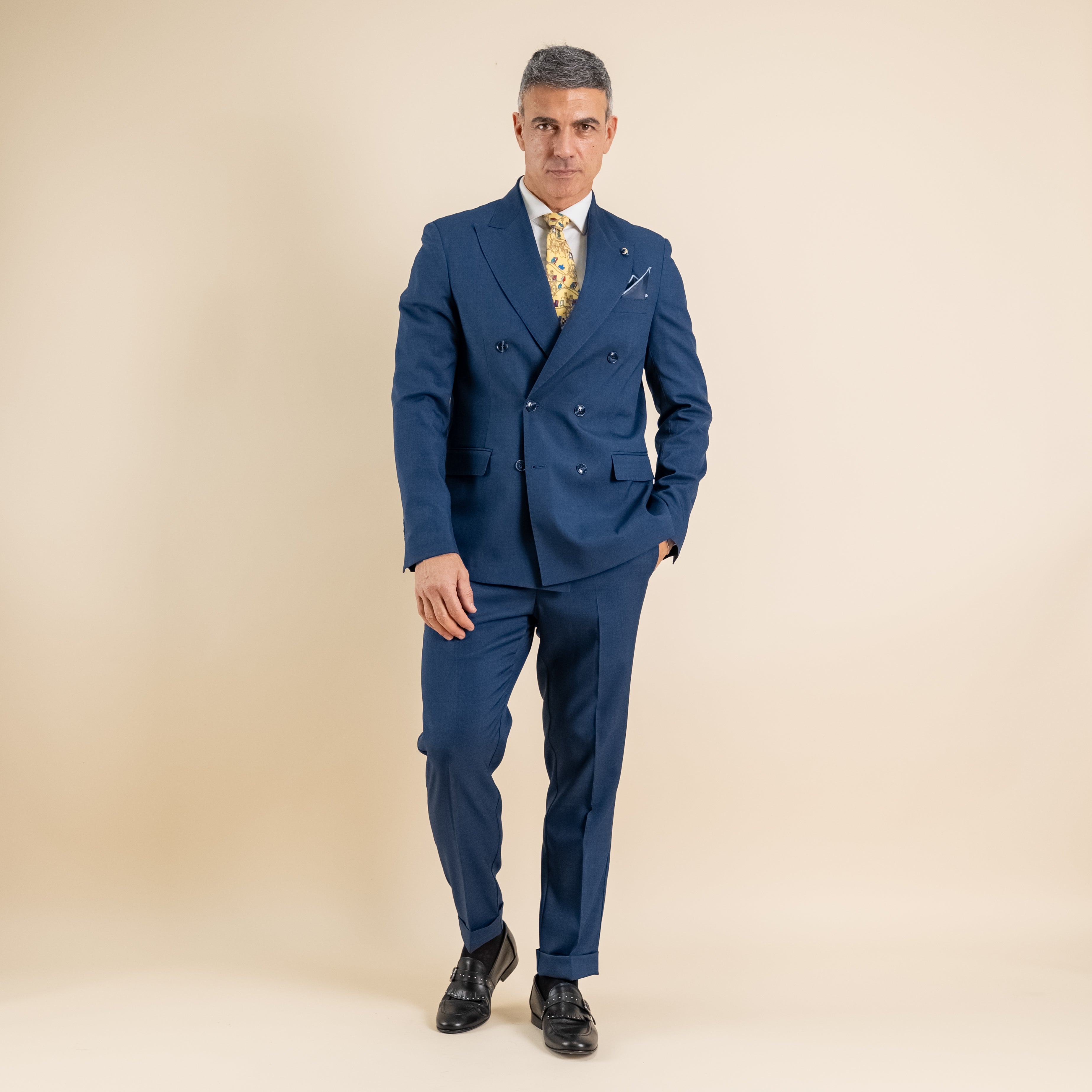 Abito doppio petto con pantalone con fibbia laterale - Blu