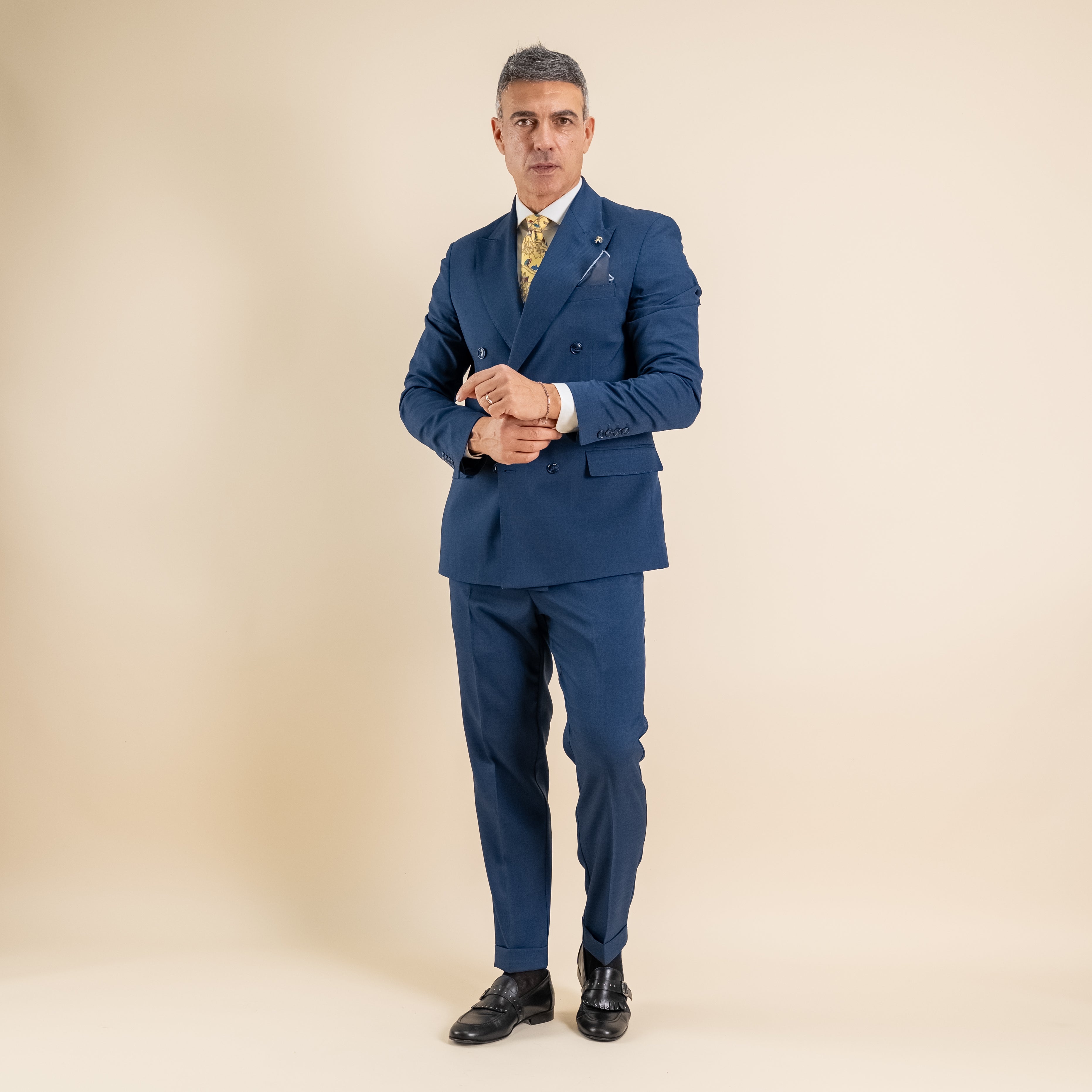 Abito doppio petto con pantalone con fibbia laterale - Blu