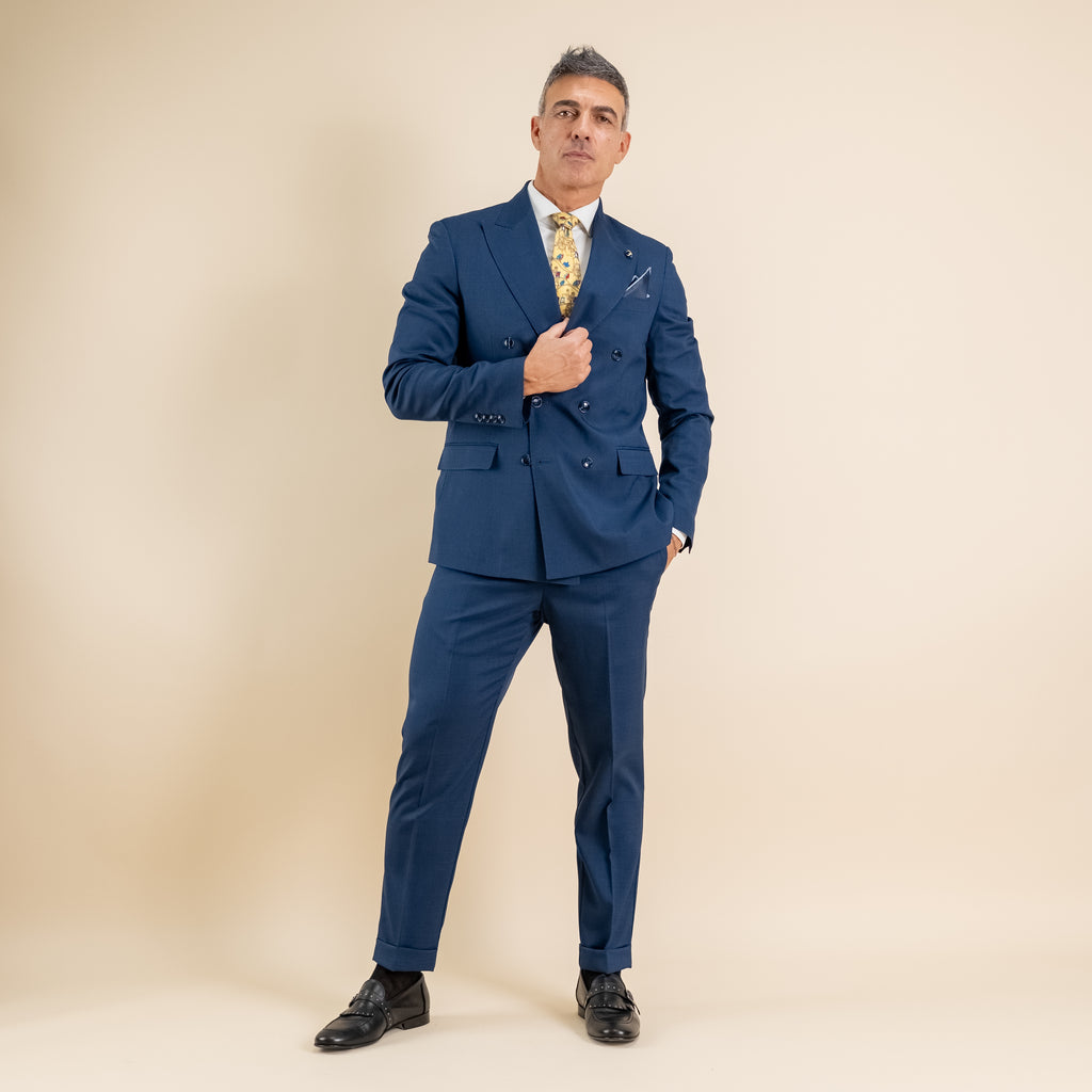 Abito doppio petto con pantalone con fibbia laterale - Blu