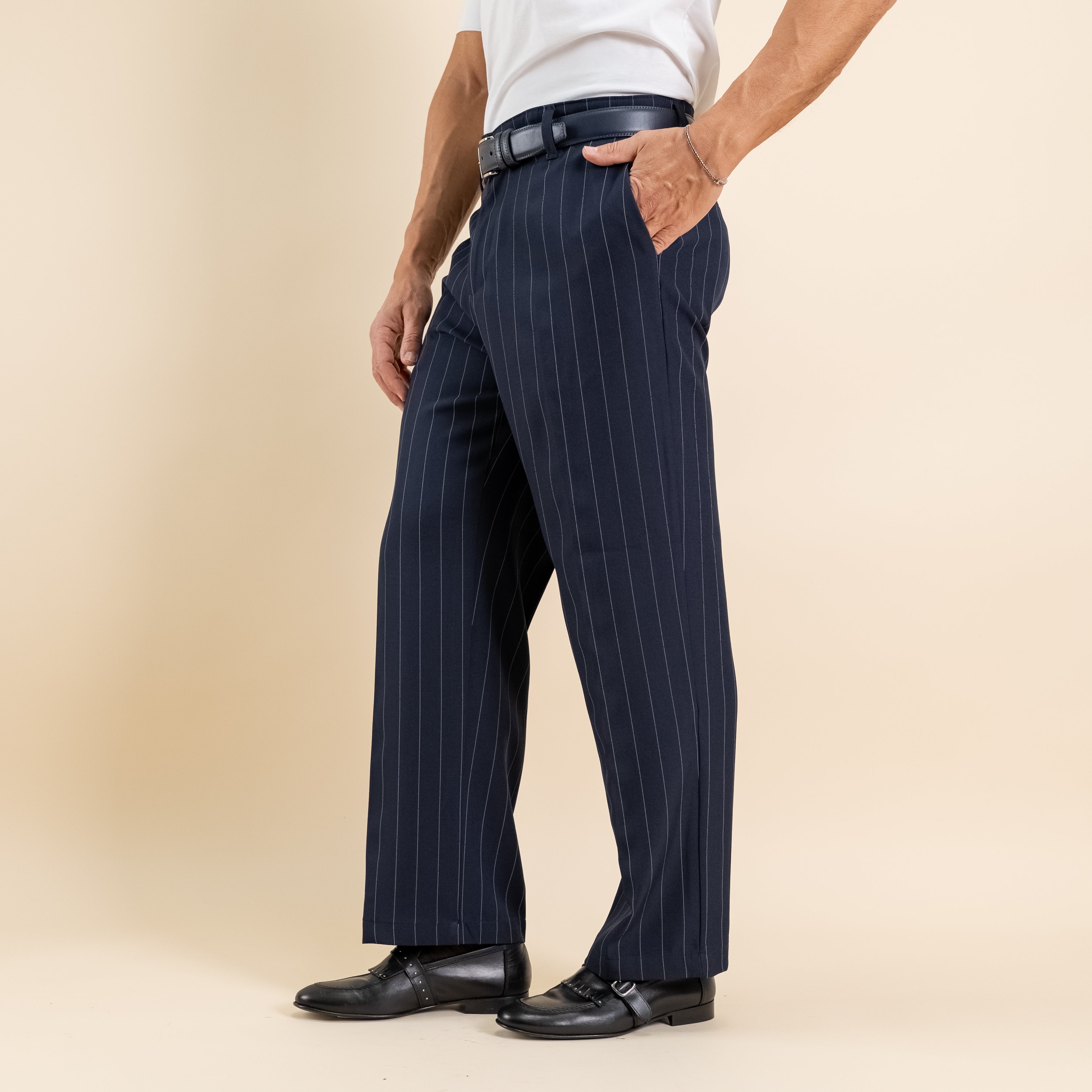 Pantalone gessato wide leg - Blu