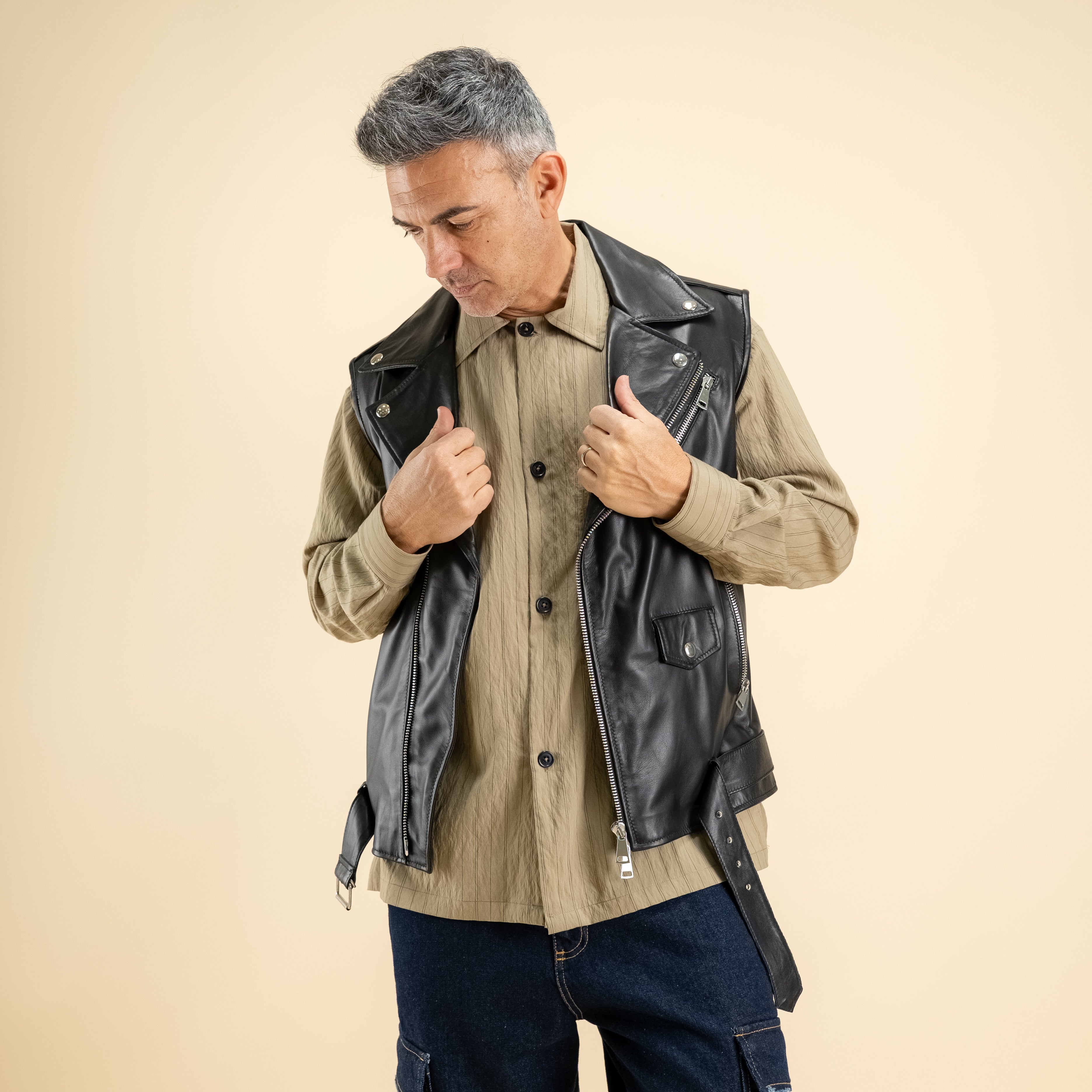 Chiodo Smanicato in Vera Pelle - Nero