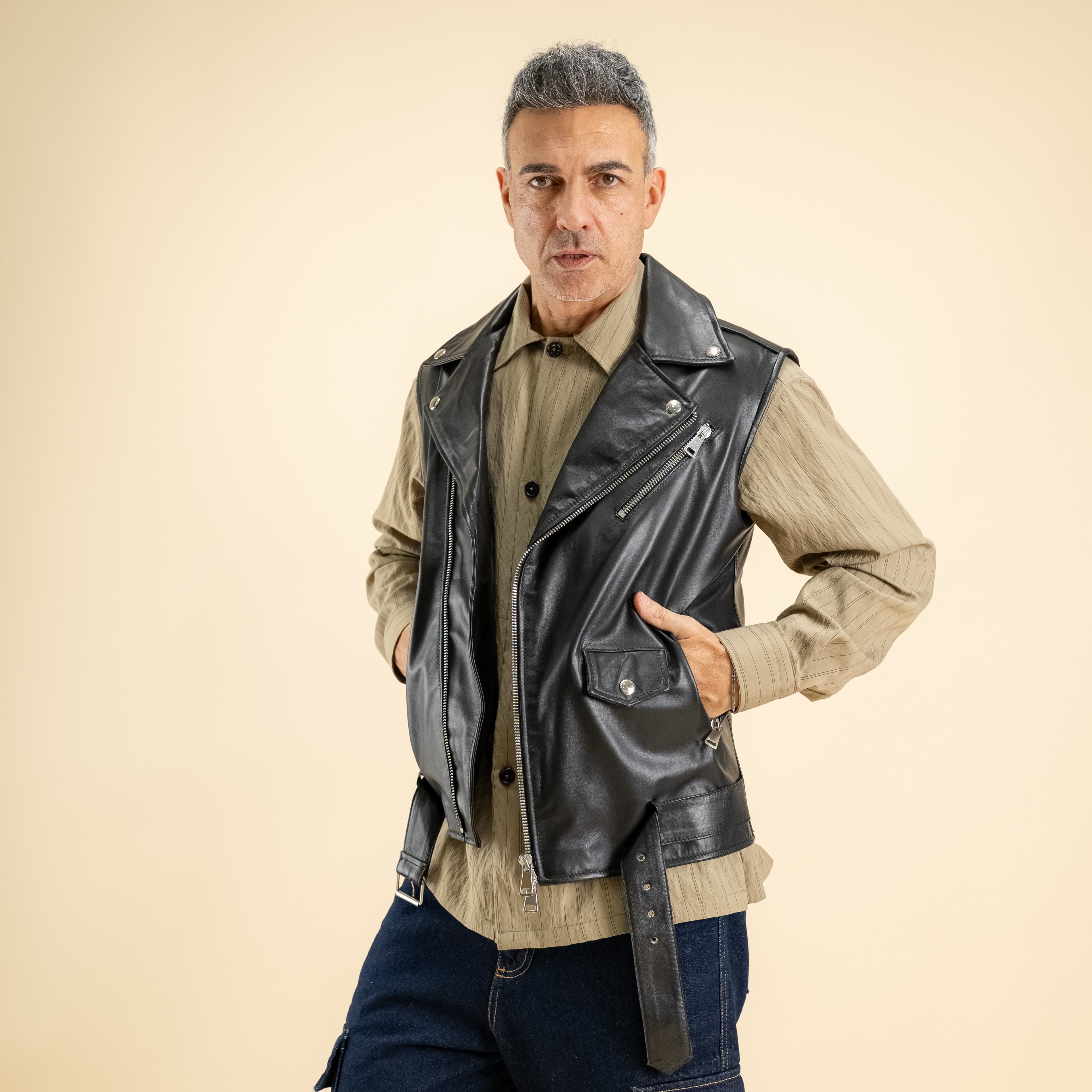 Chiodo Smanicato in Vera Pelle - Nero