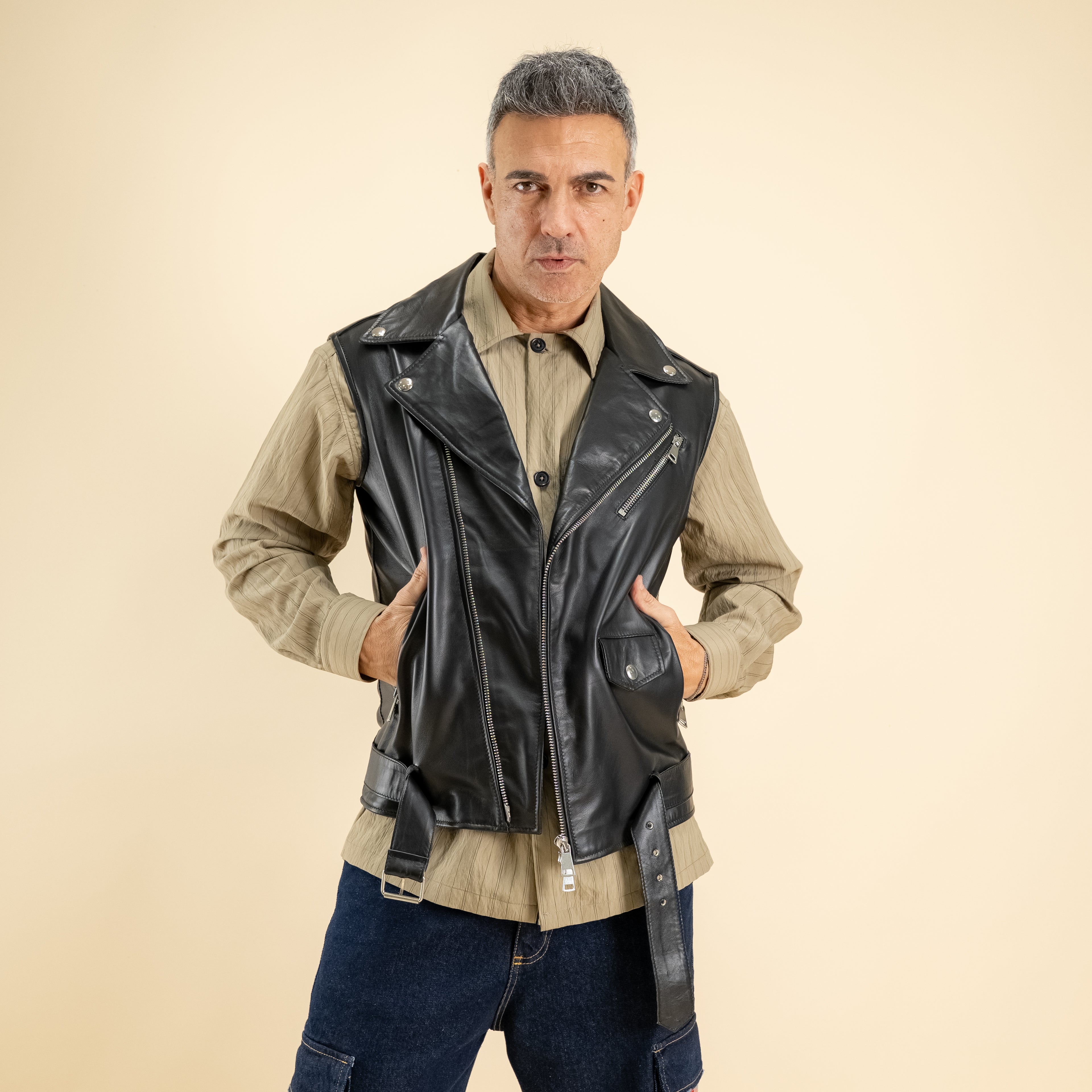 Chiodo Smanicato in Vera Pelle - Nero