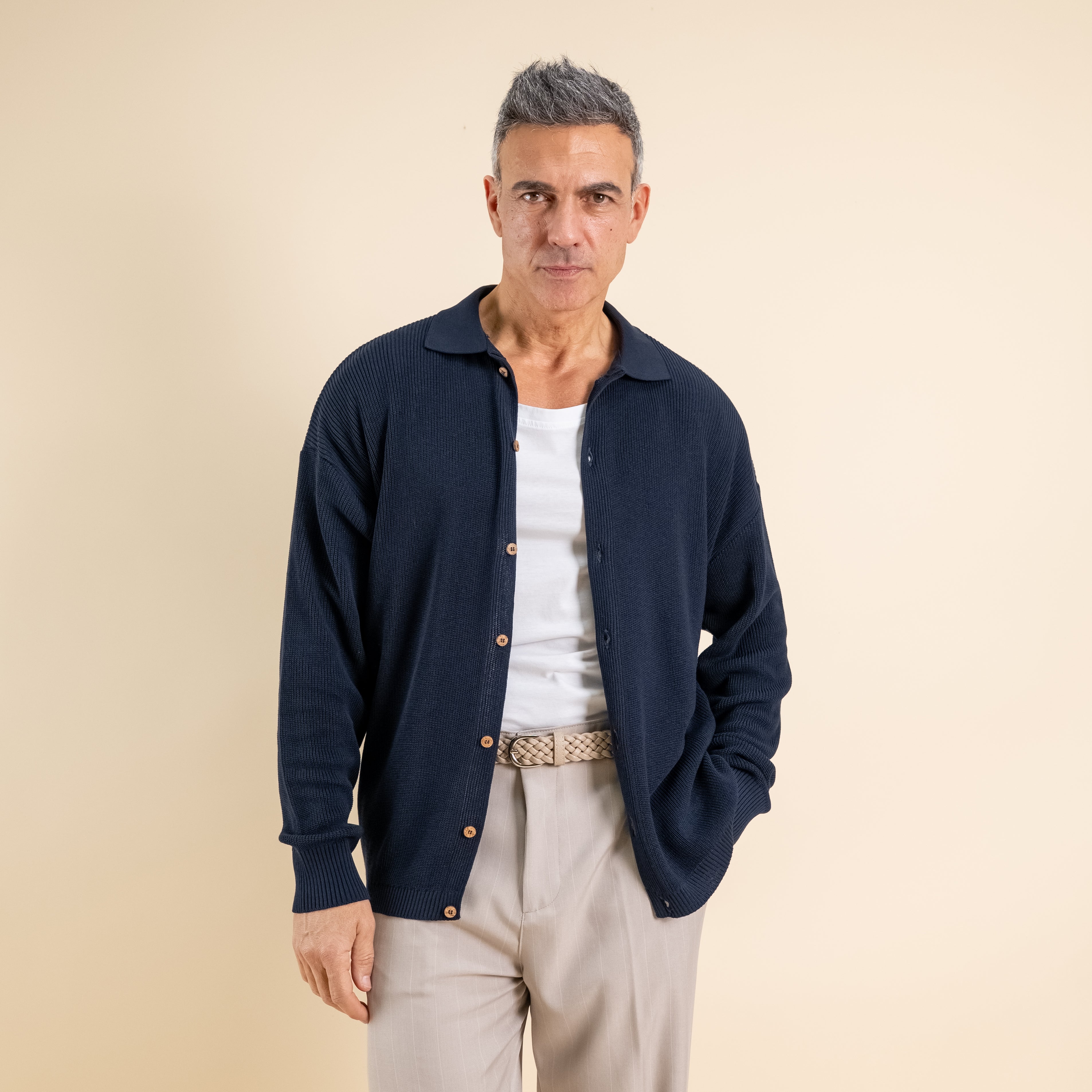 Polo a costine con bottoni a contrasto - Blu