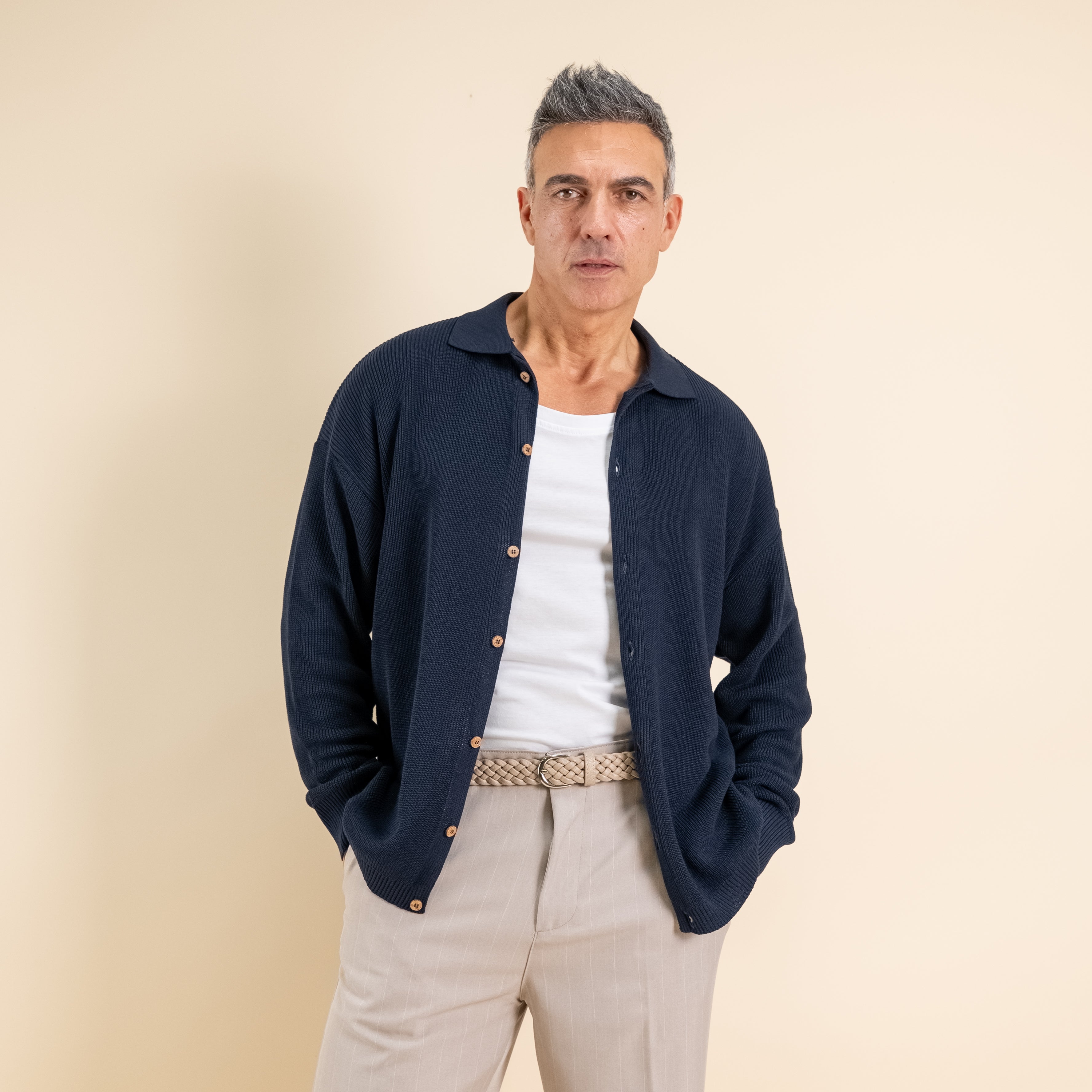 Polo a costine con bottoni a contrasto - Blu