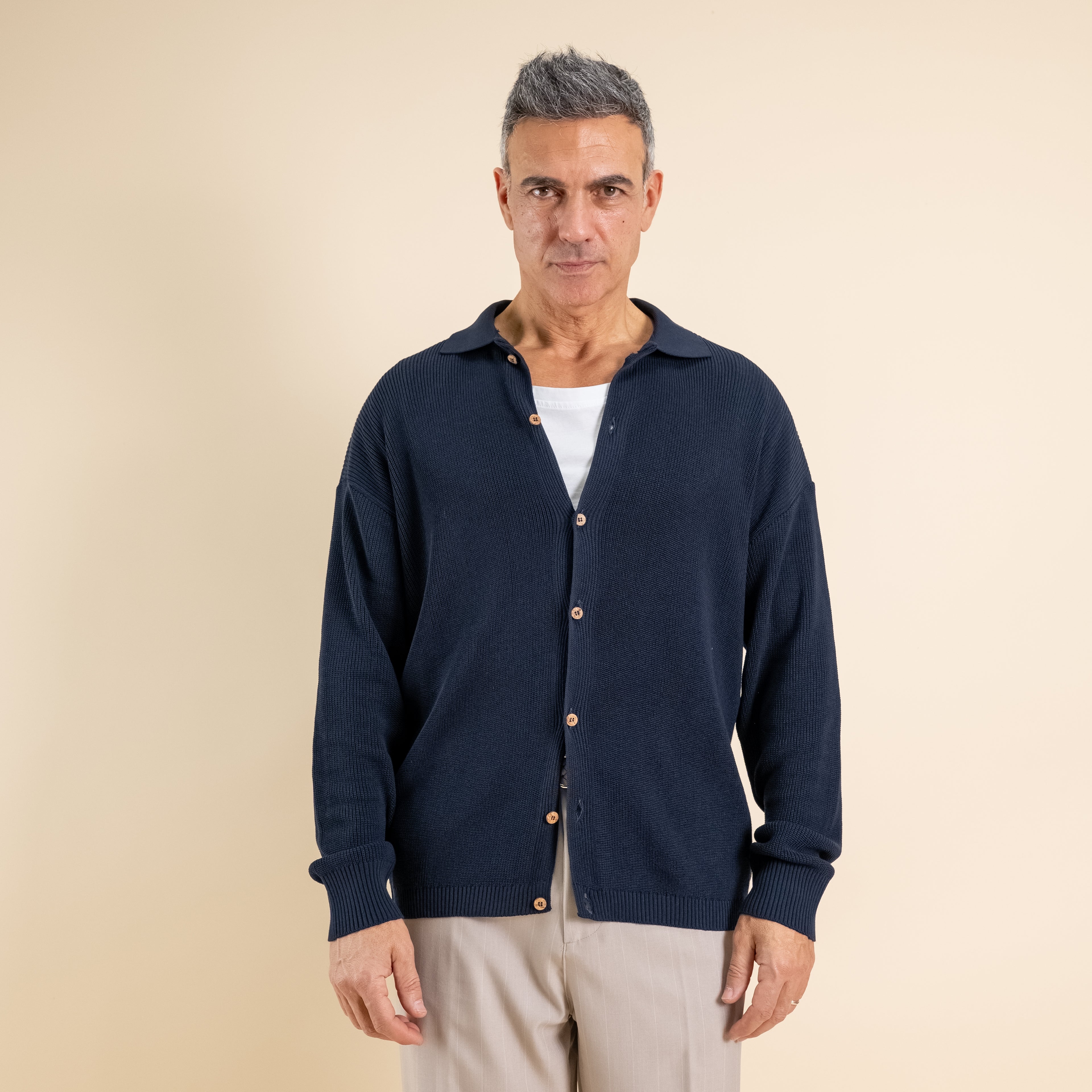 Polo a costine con bottoni a contrasto - Blu