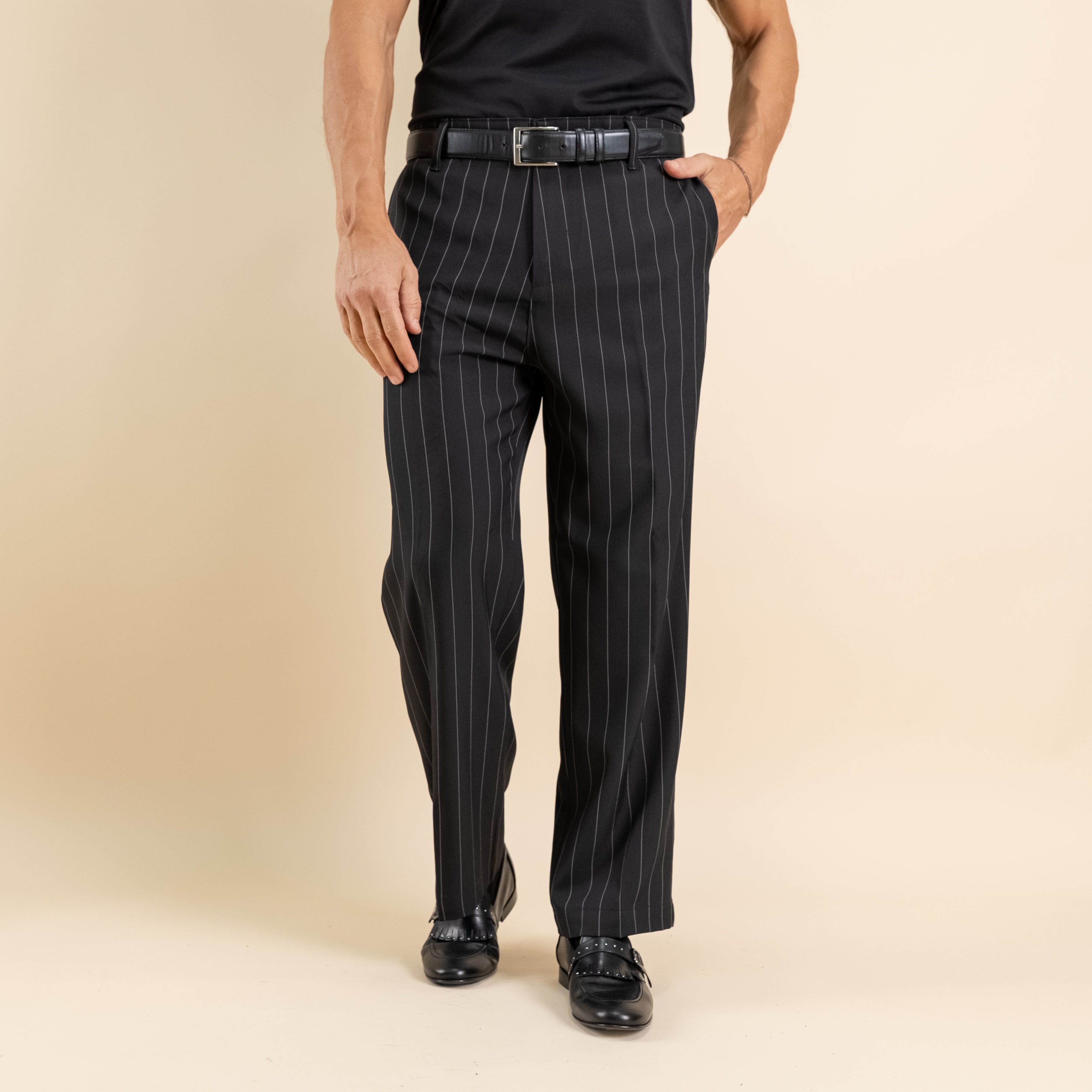 Pantalone gessato wide leg - Nero