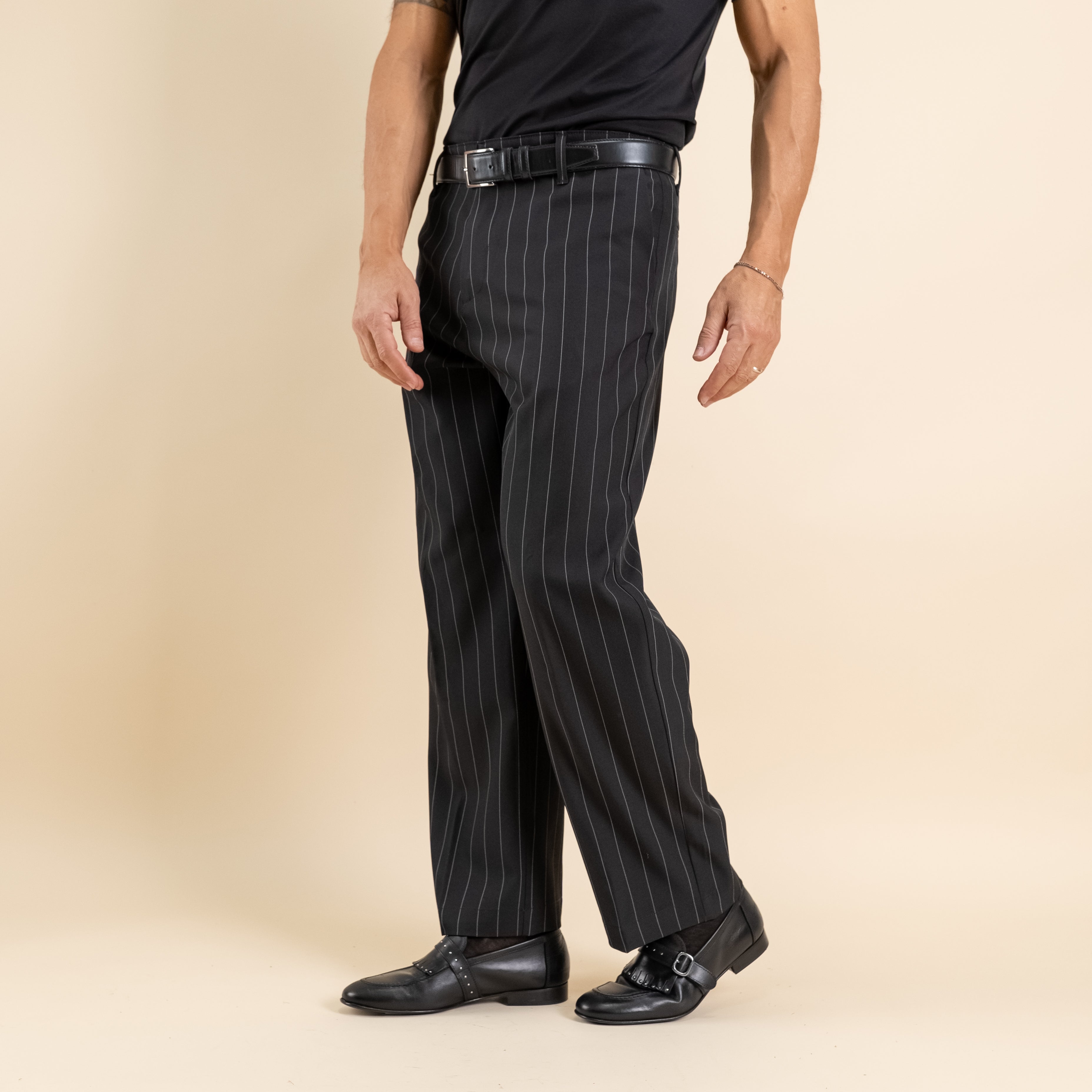 Pantalone gessato wide leg - Nero