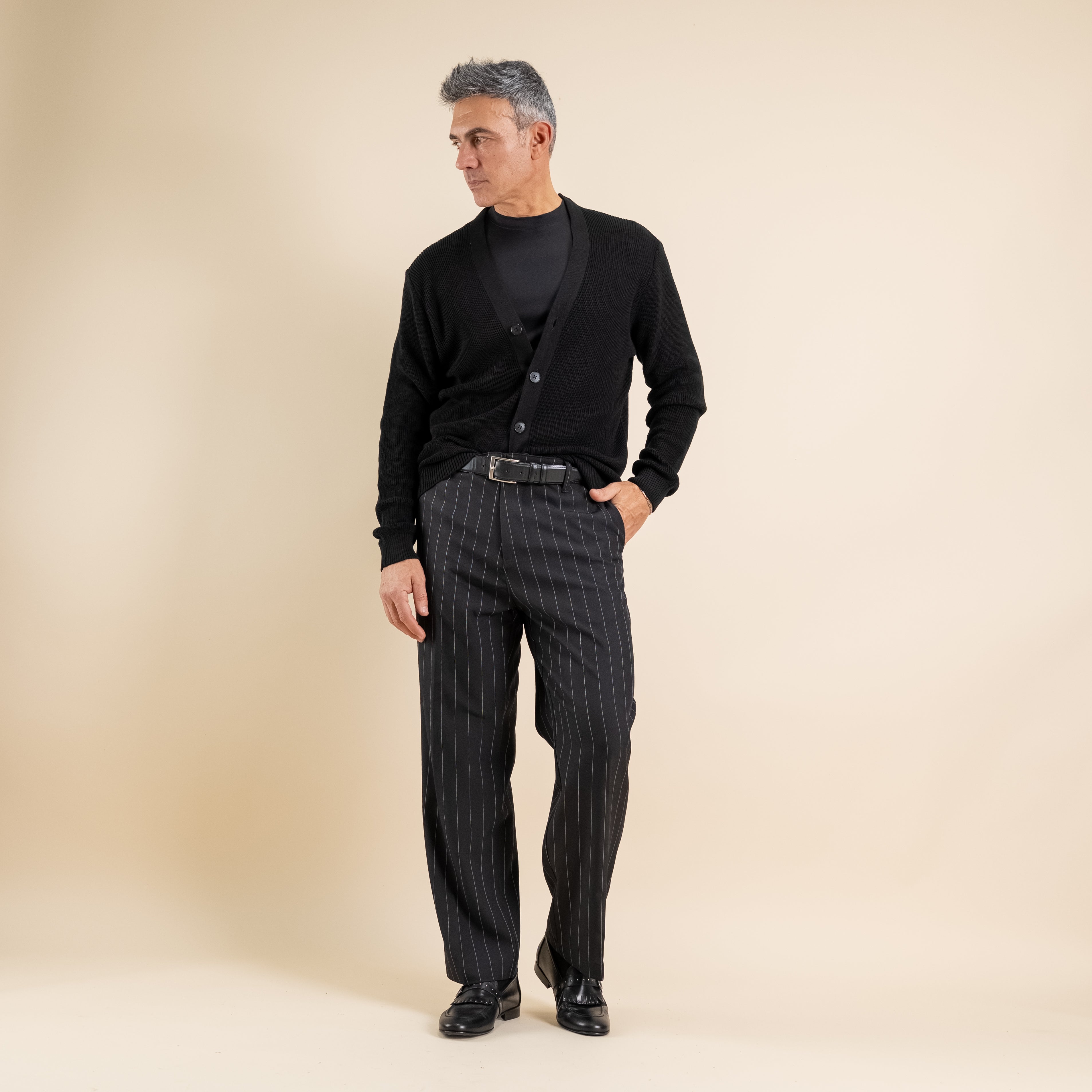 Pantalone gessato wide leg - Nero