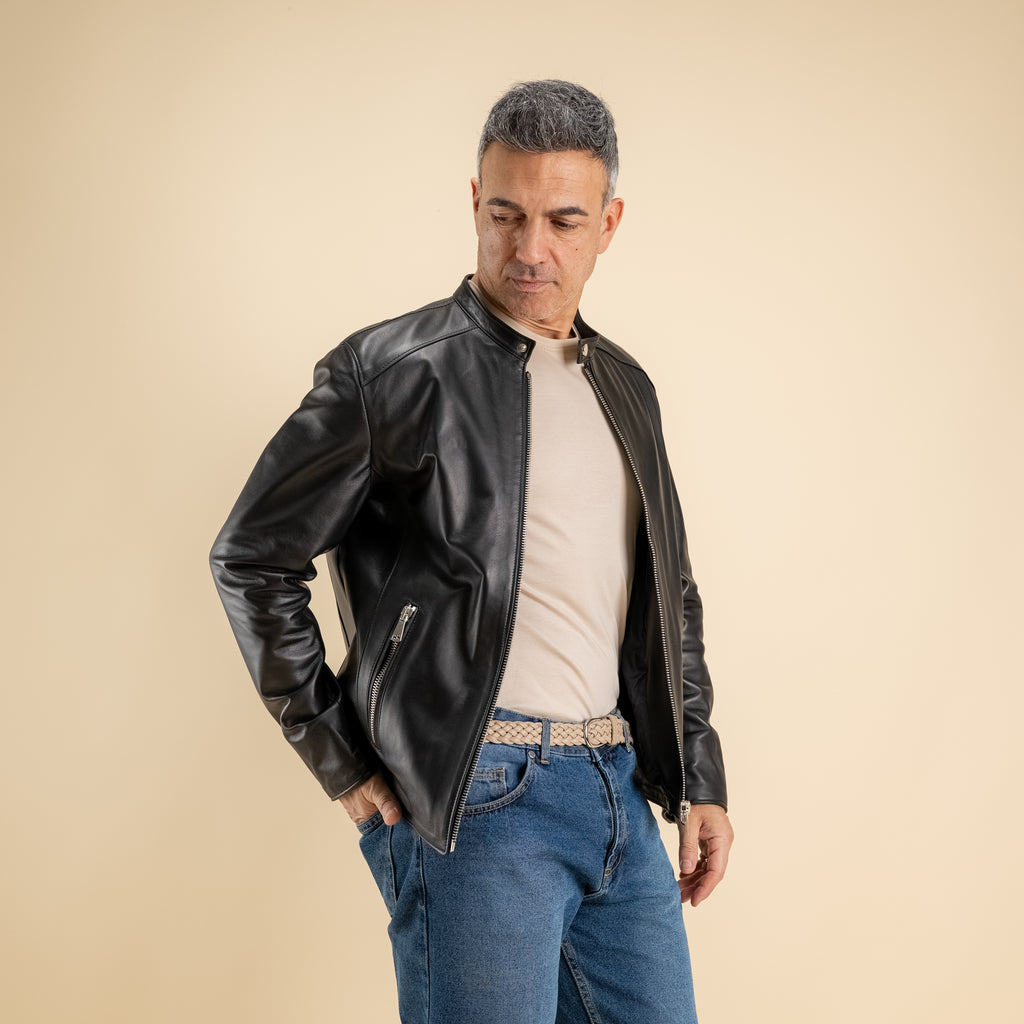 Chaqueta de motociclista de cuero genuino - Negra