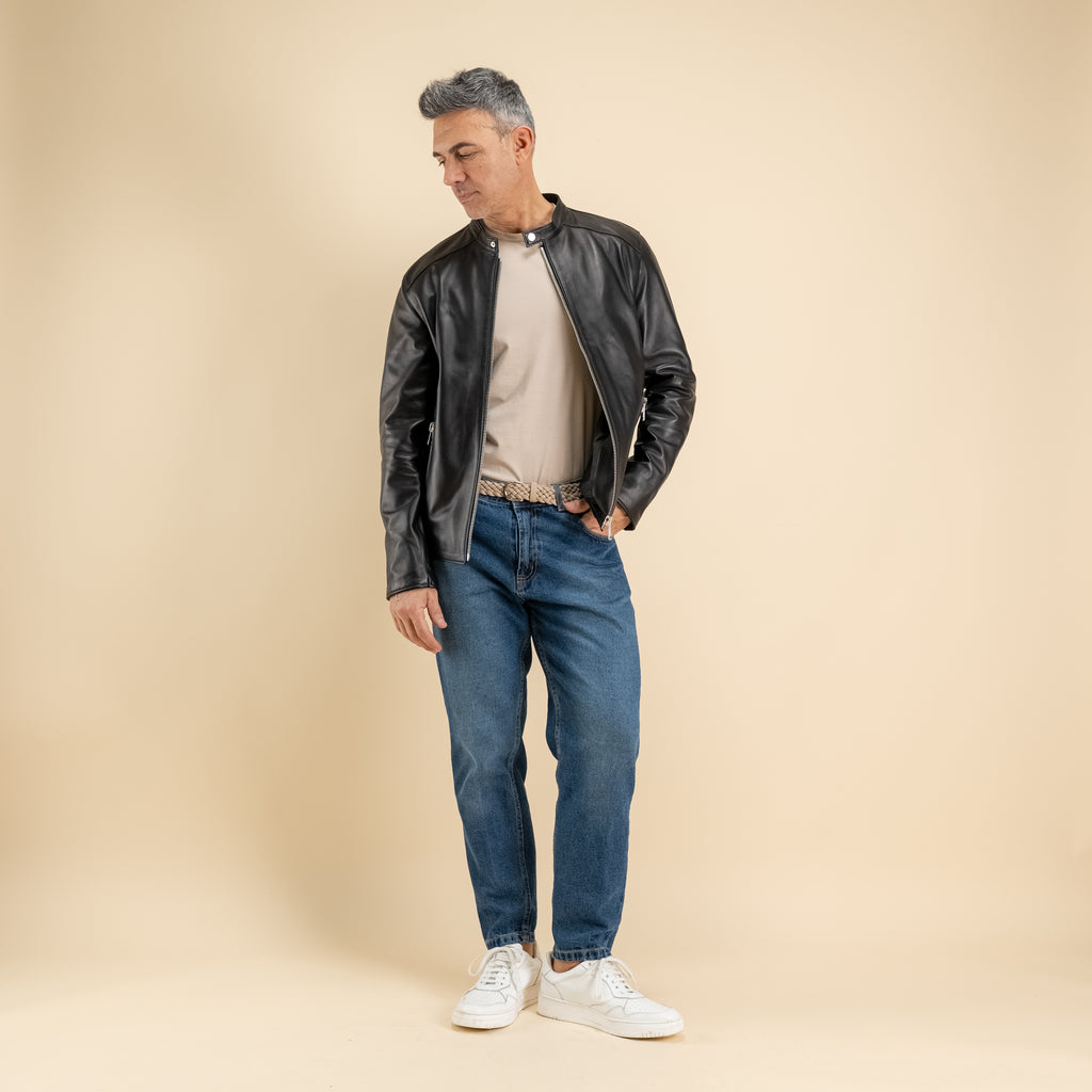 Chaqueta de motociclista de cuero genuino - Negra