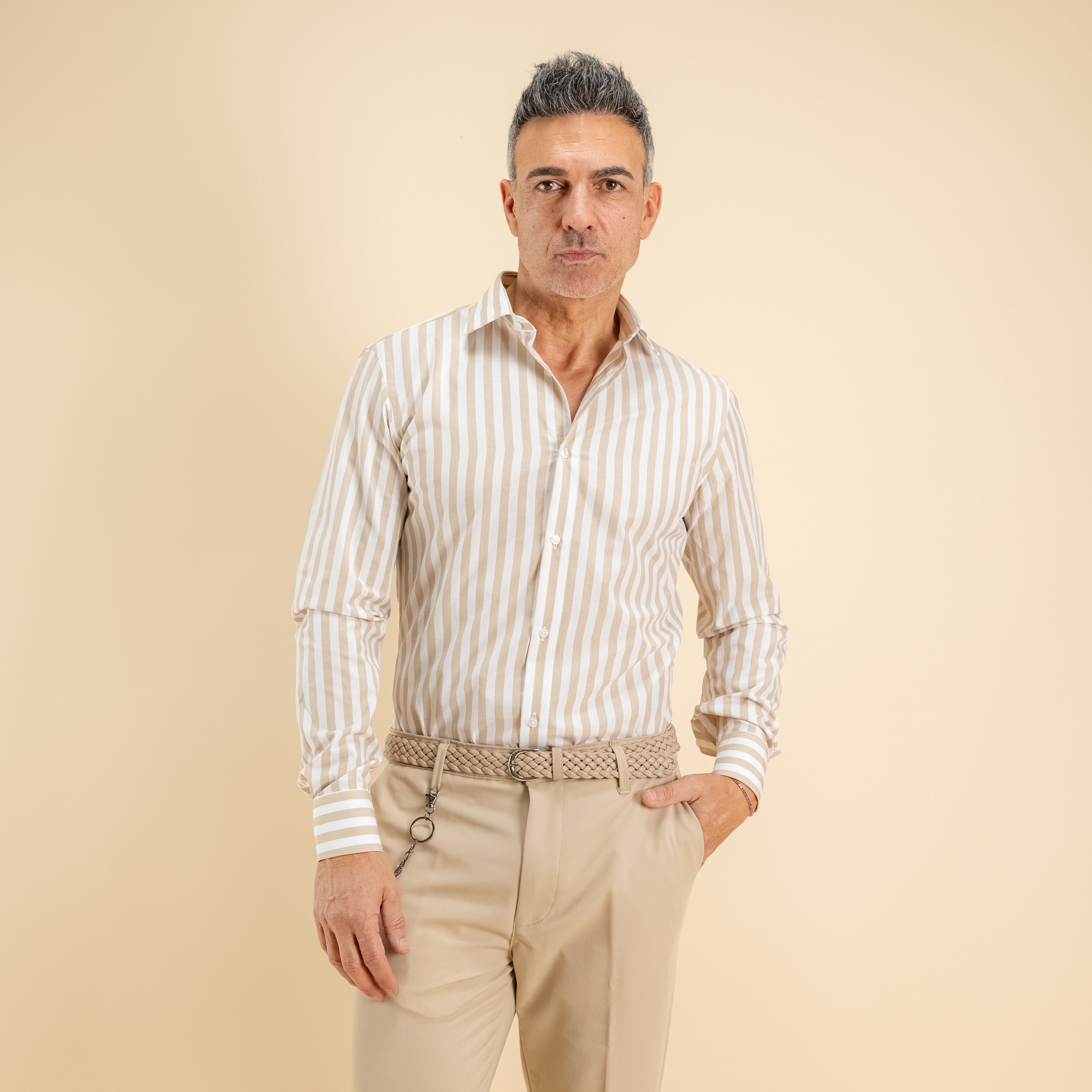 Camisa sastre de raya ancha - Beige