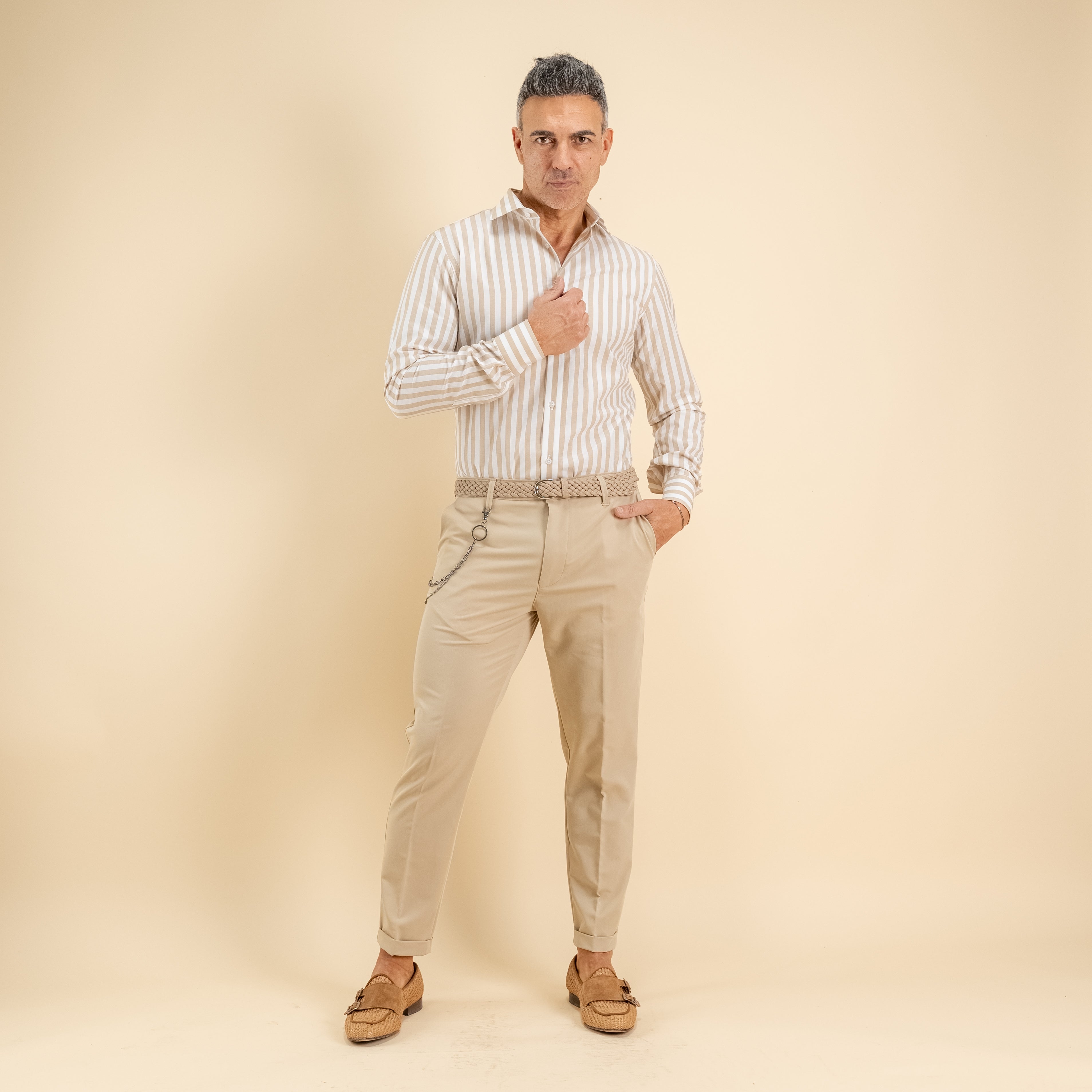 Camisa sastre de raya ancha - Beige