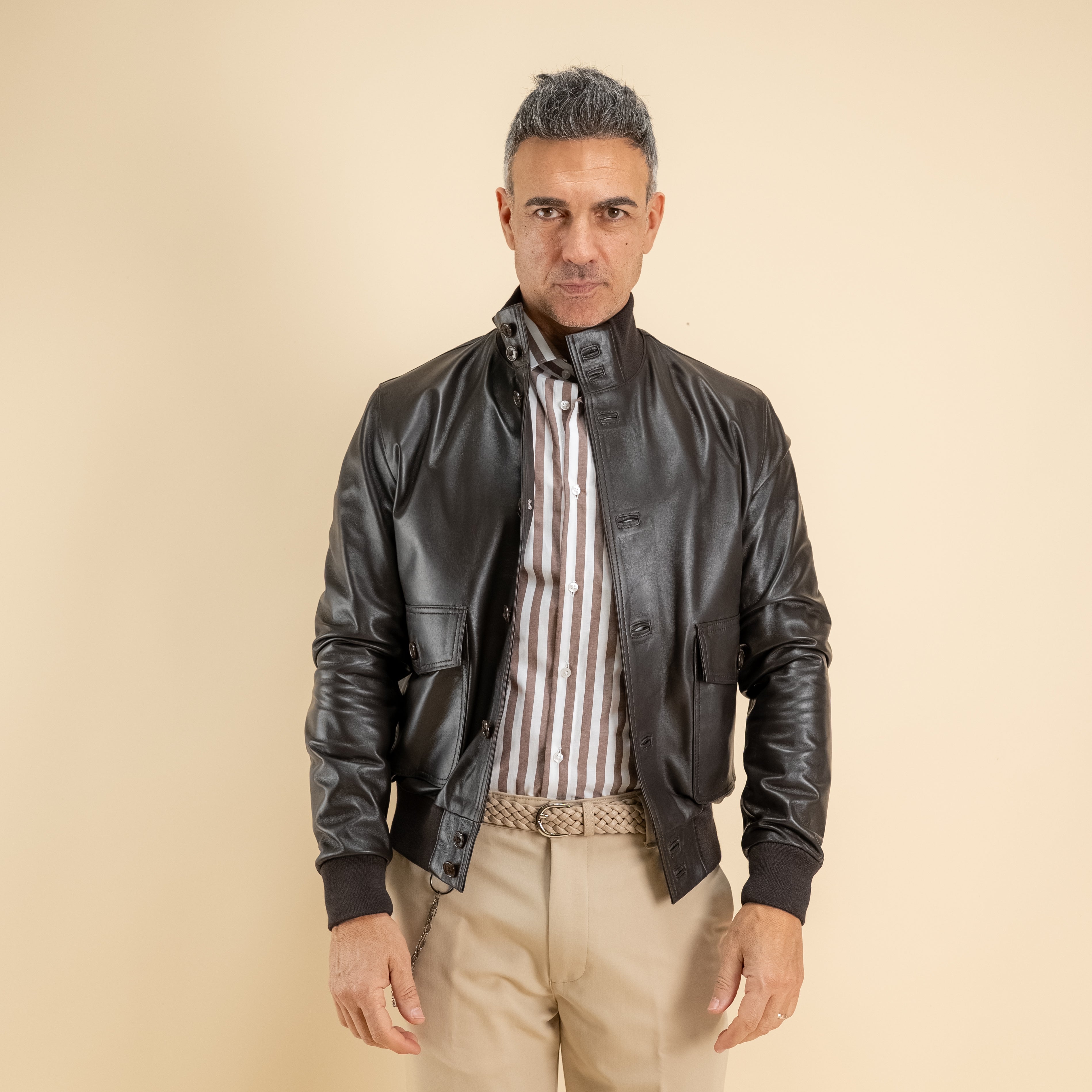 Bomber con bottoni in Vera Pelle - Testa di Moro