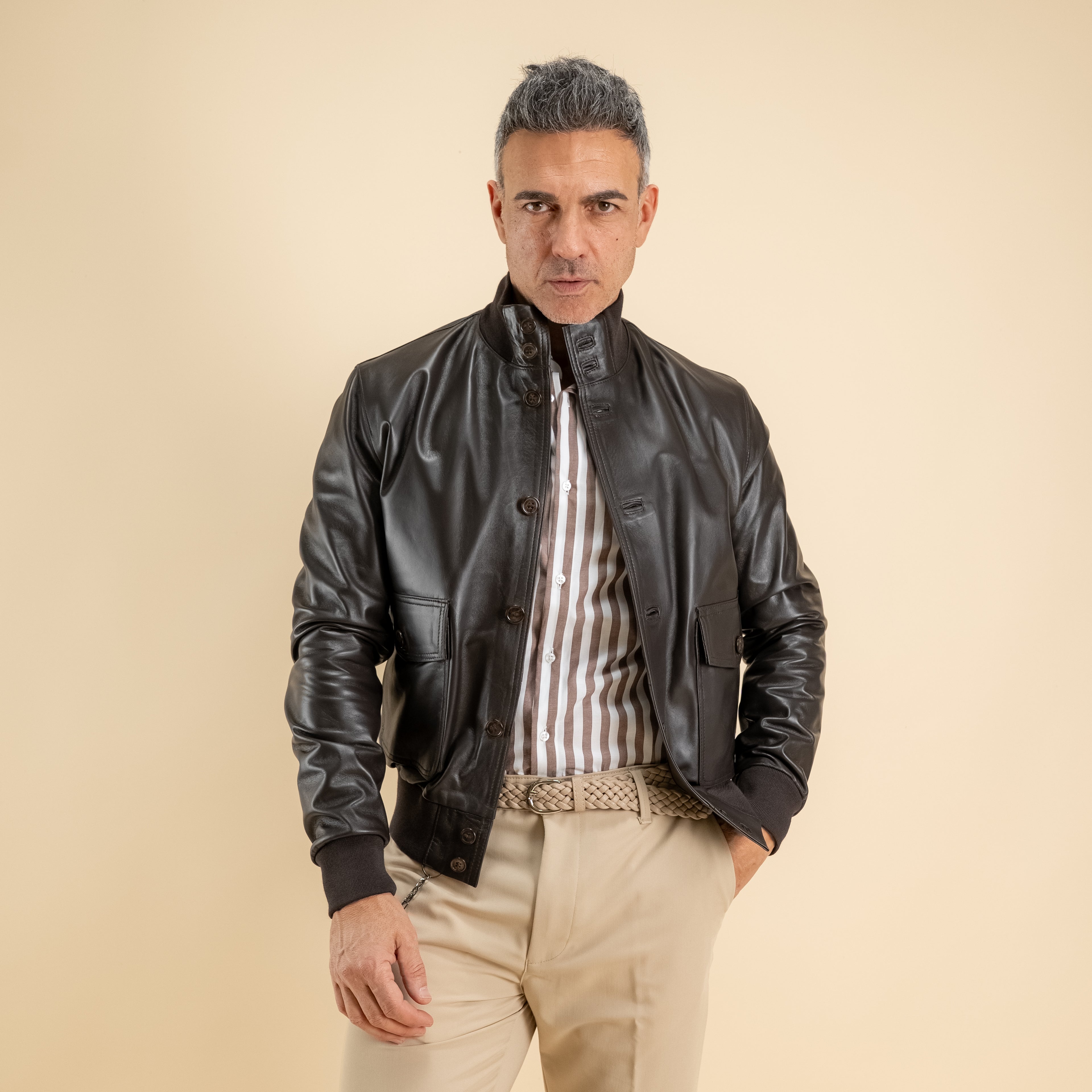 Bomber con bottoni in Vera Pelle - Testa di Moro