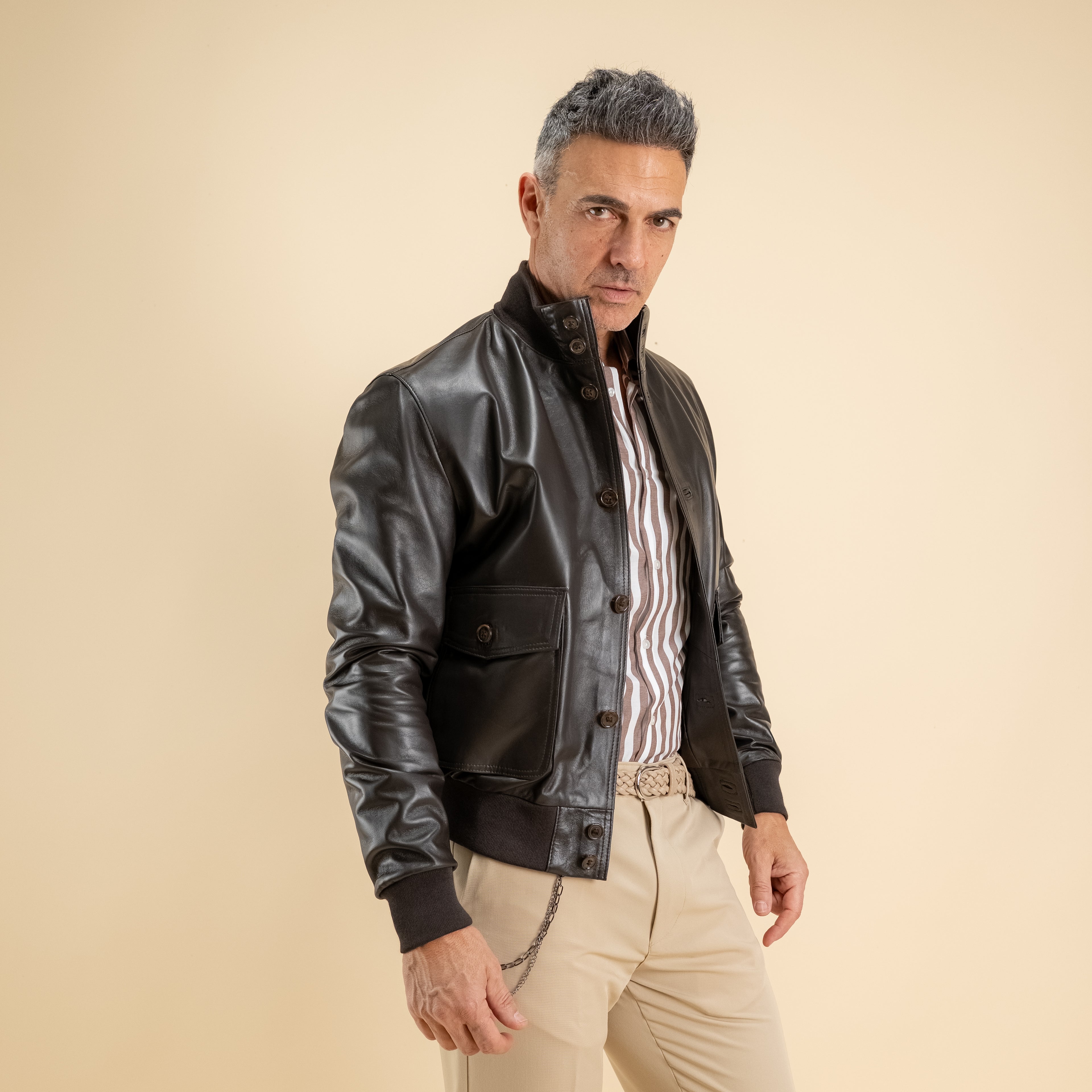 Bomber con bottoni in Vera Pelle - Testa di Moro