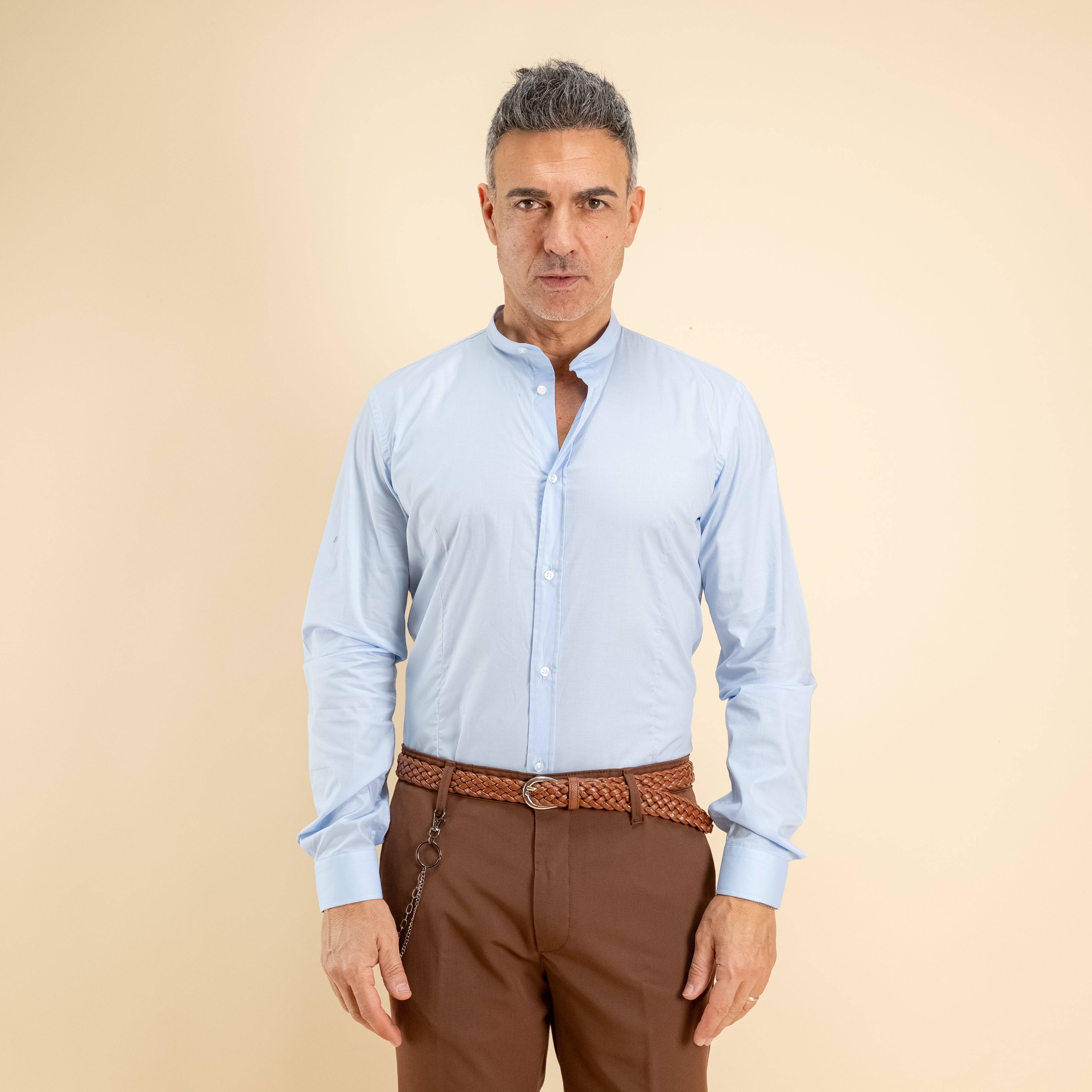 Camicia sartoriale con colletto coreano - Celeste
