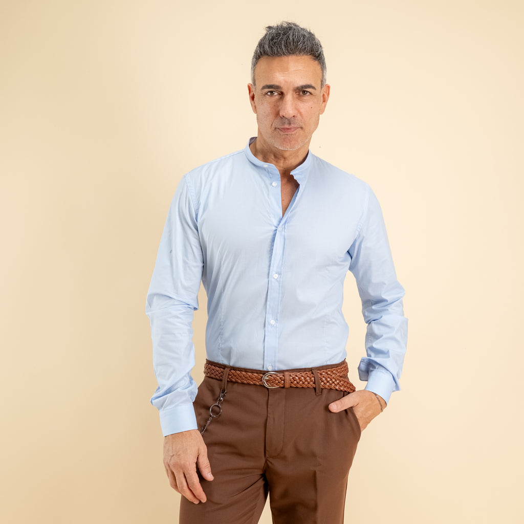 Camicia sartoriale con colletto coreano - Celeste