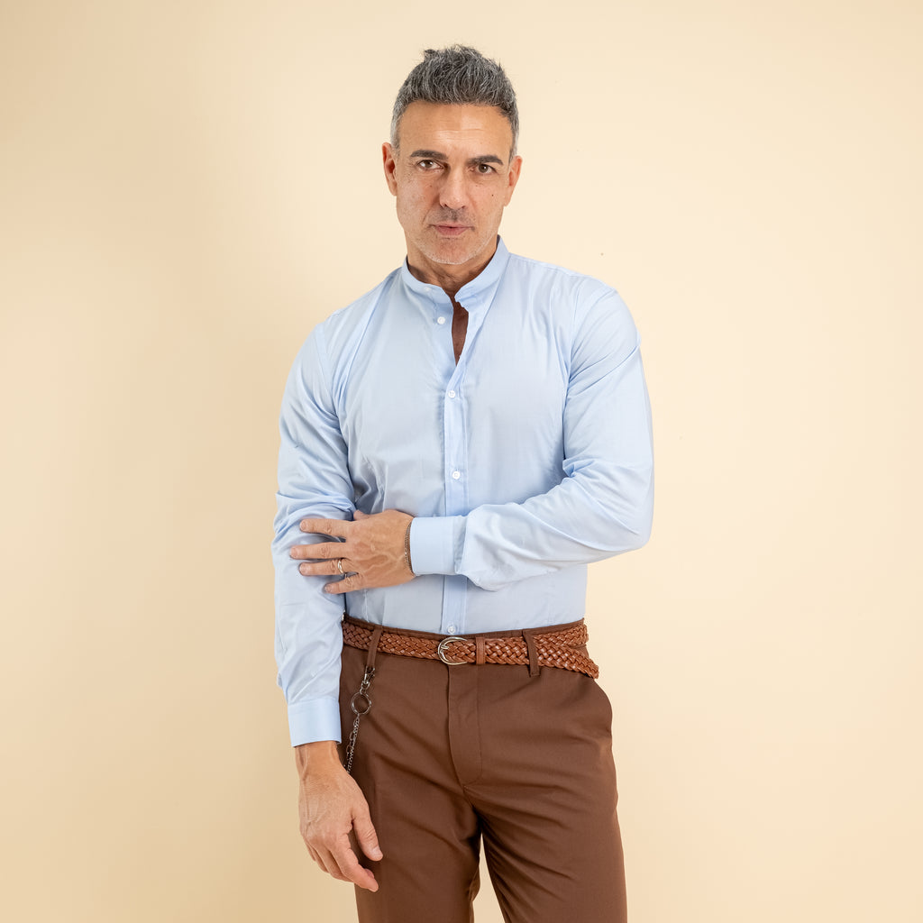 Camicia sartoriale con colletto coreano - Celeste