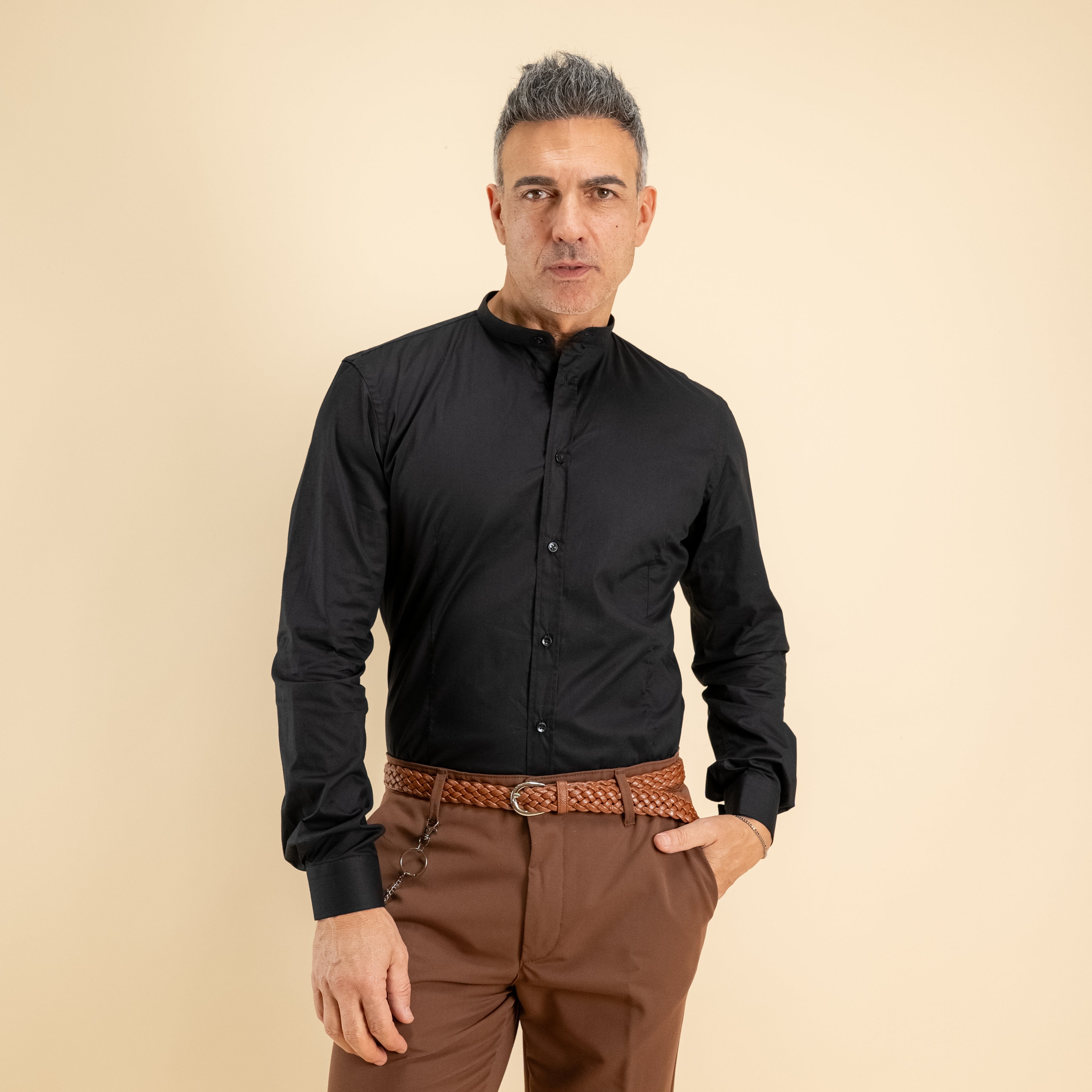 Camicia sartoriale con colletto coreano - Nero