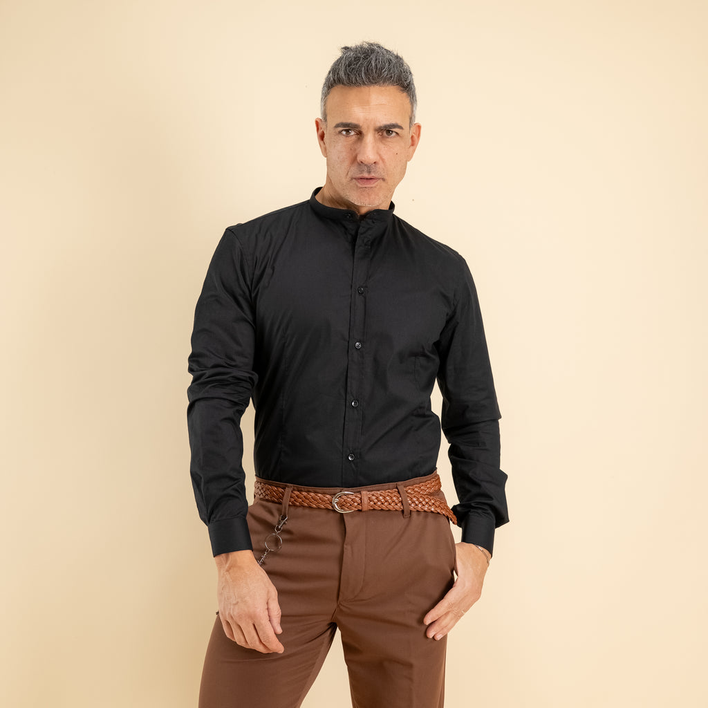 Camicia sartoriale con colletto coreano - Nero