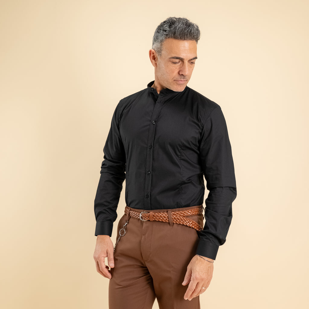 Camicia sartoriale con colletto coreano - Nero