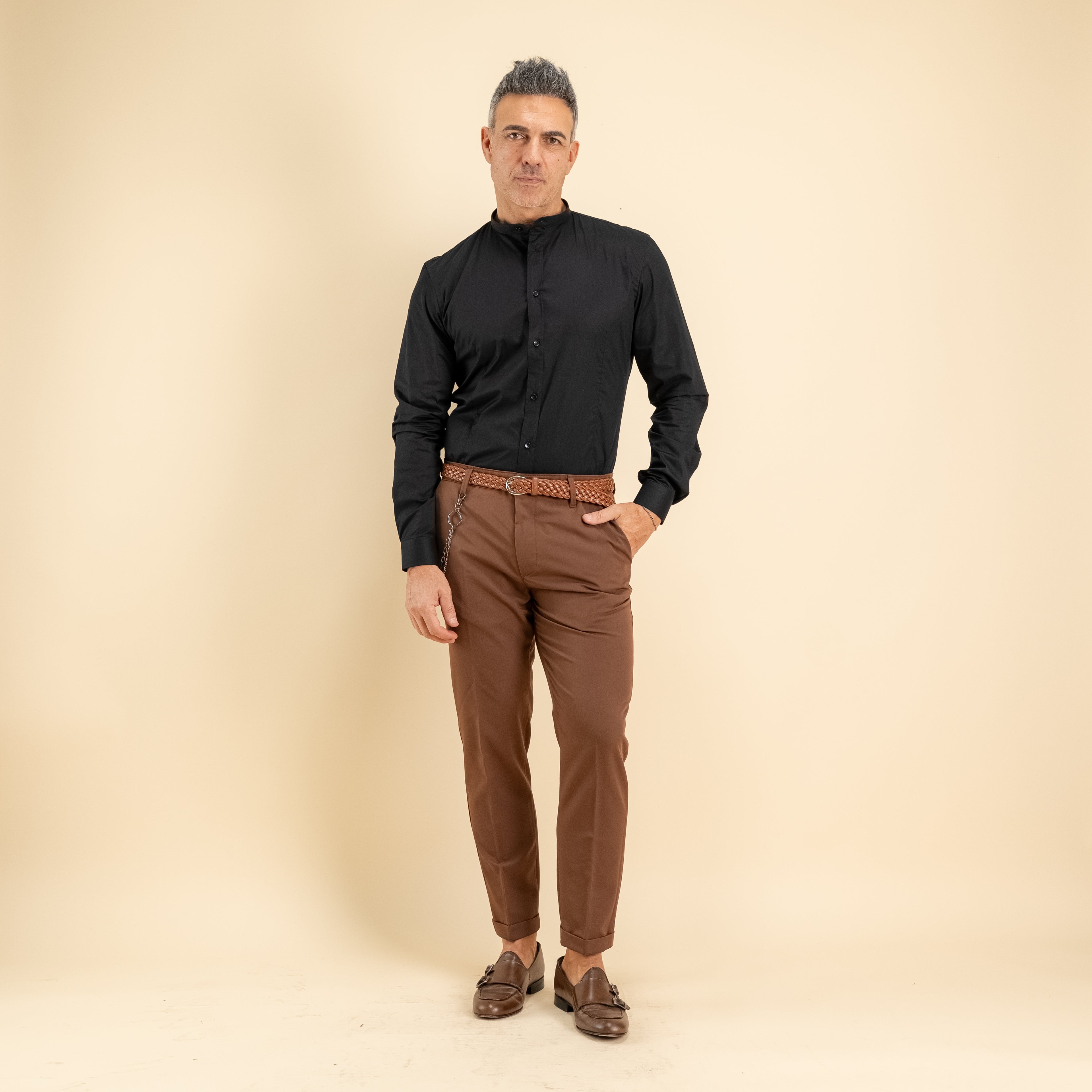 Camicia sartoriale con colletto coreano - Nero