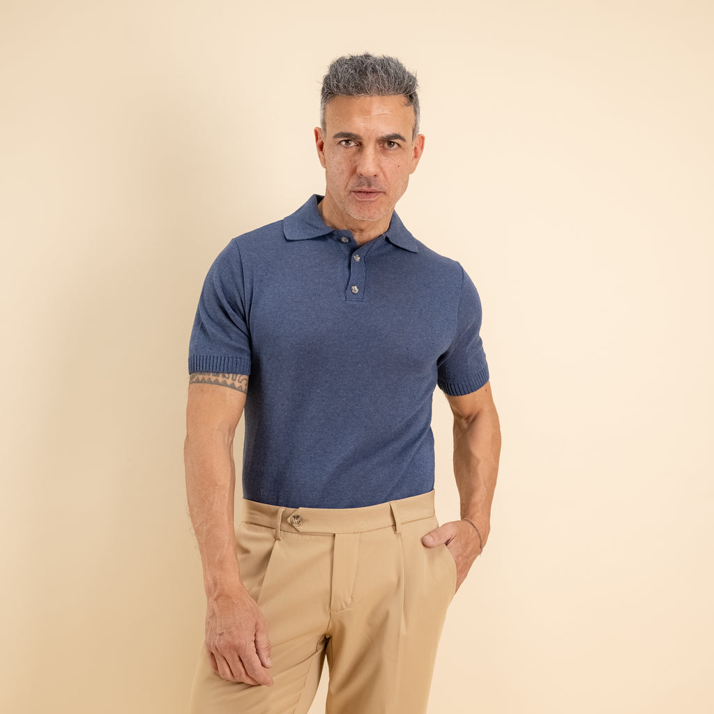 Polo in filo con bottoni contrasto - Blu