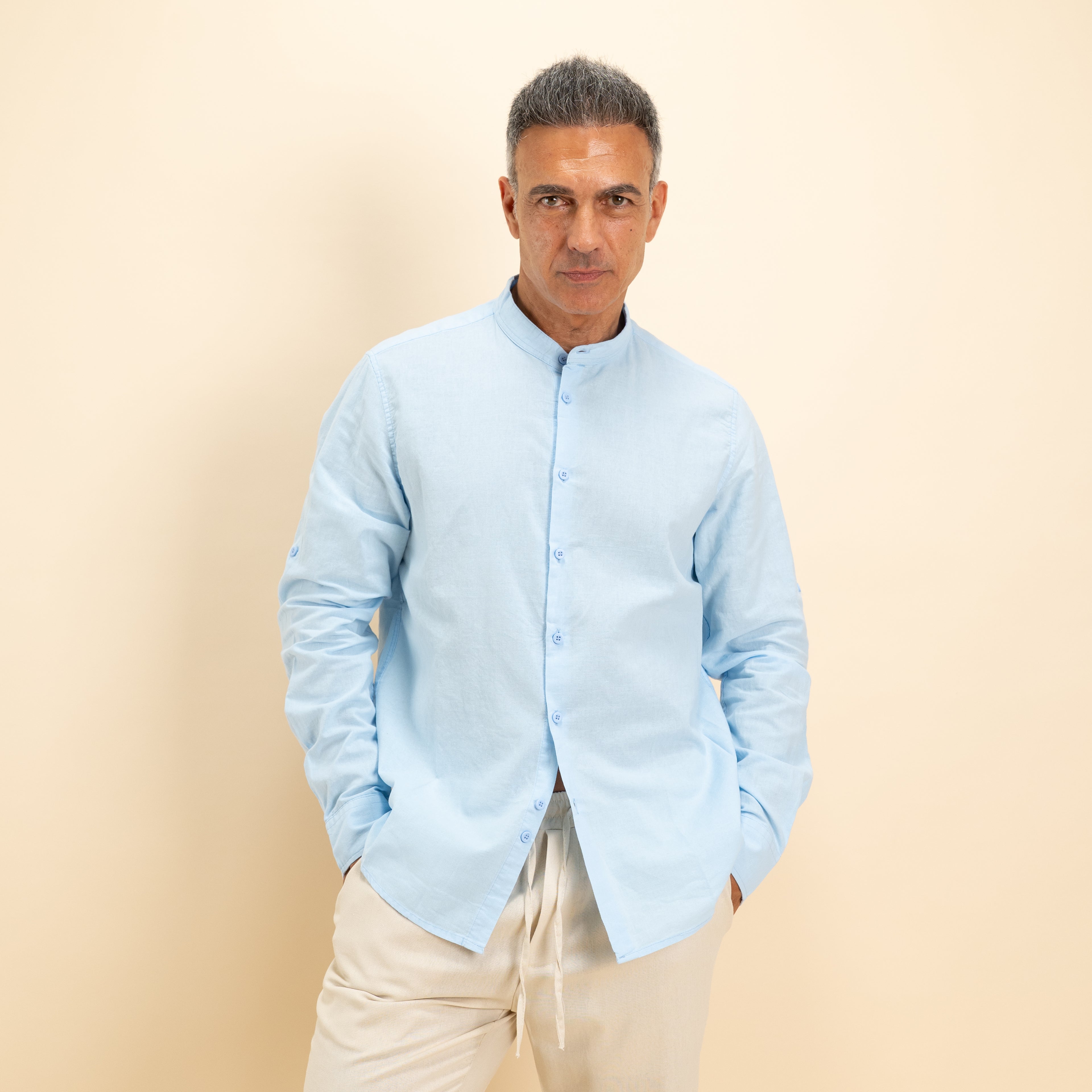 Camicia coreana in misto lino - Celeste