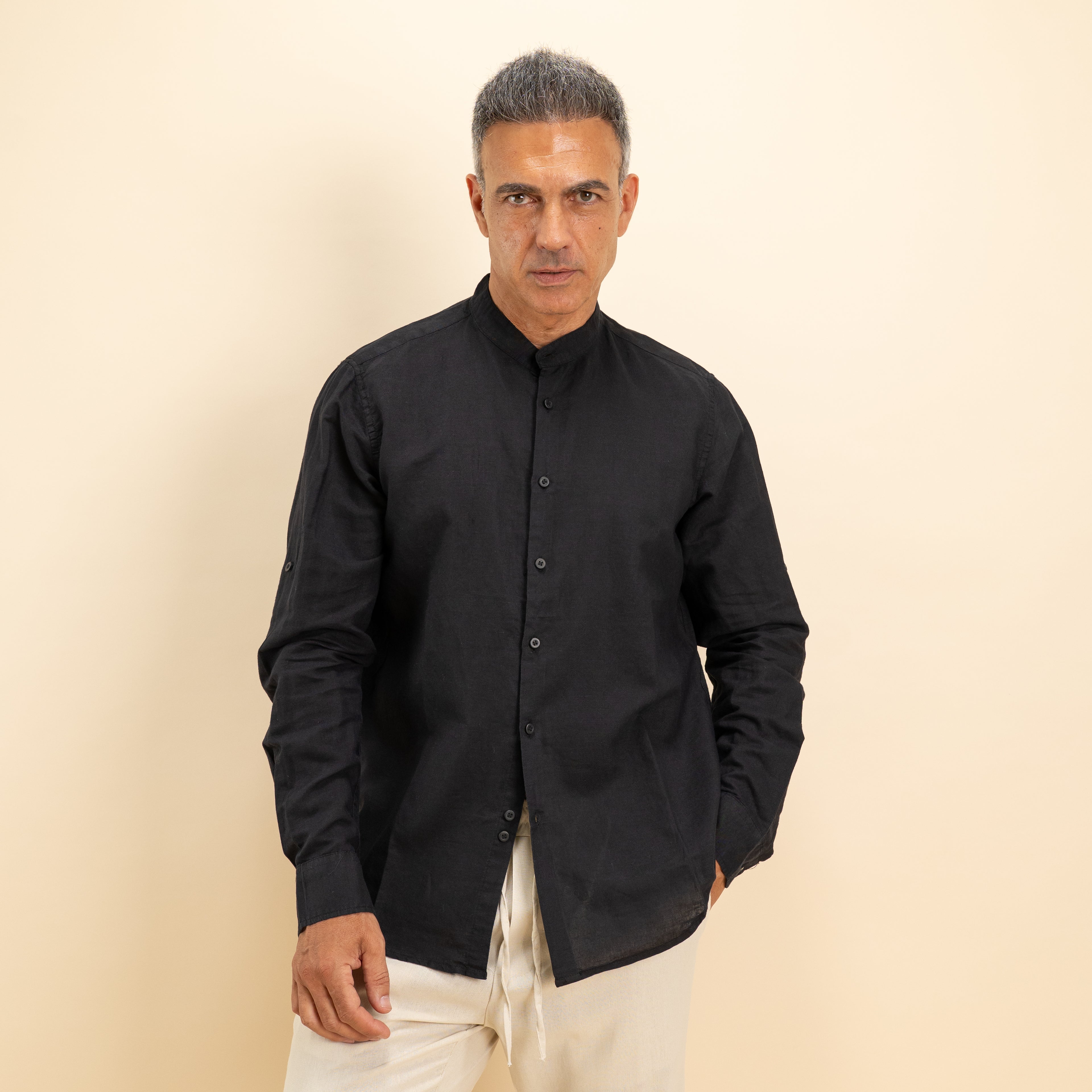 Camicia coreana in misto lino - Nero