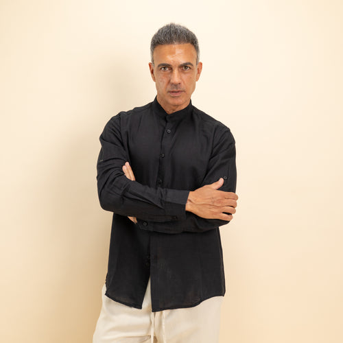 Camicia coreana in misto lino - Nero