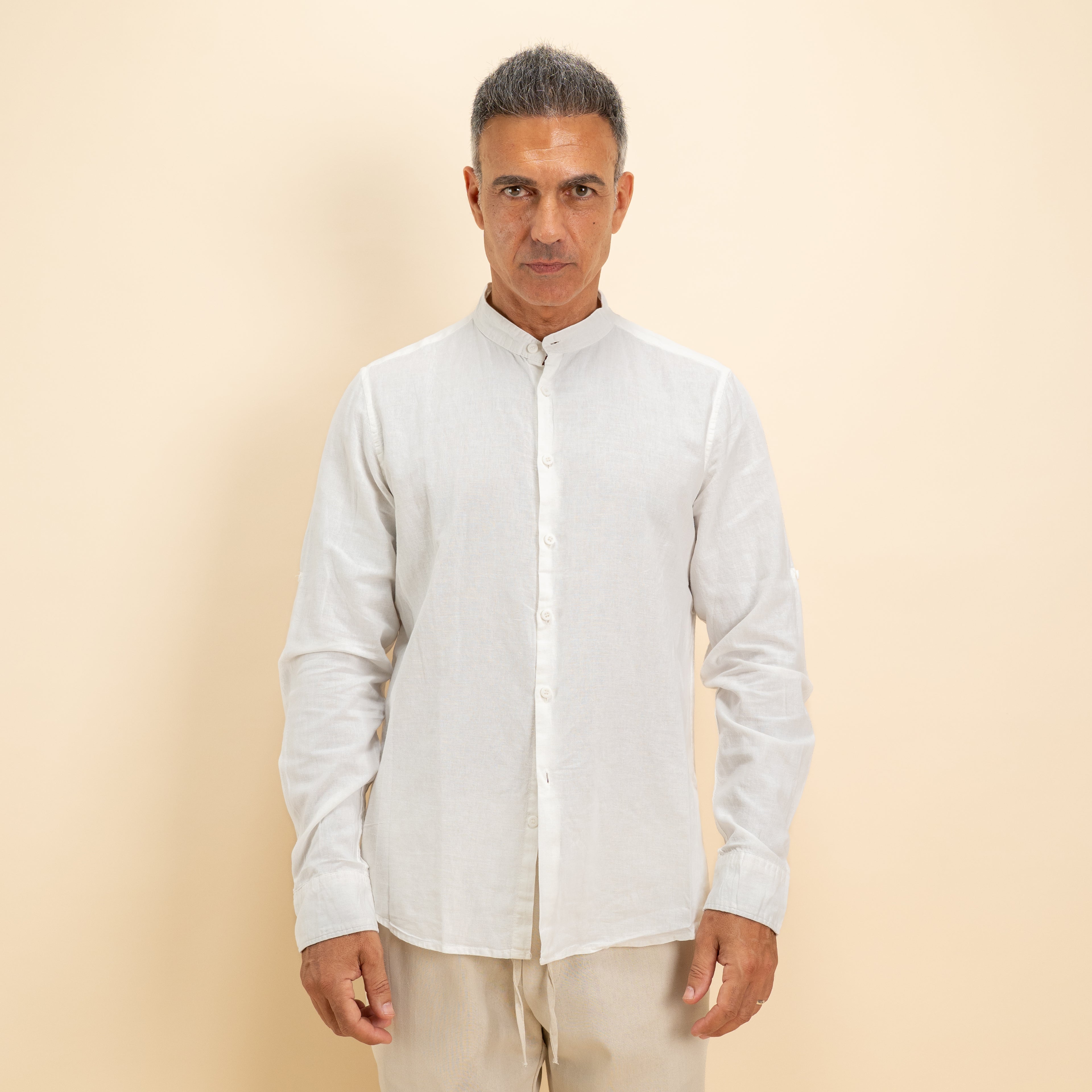 Camicia coreana in misto lino - Bianco
