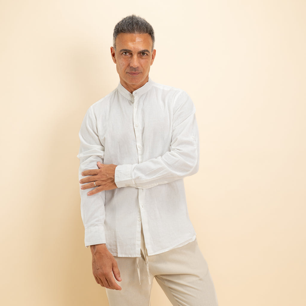 Camicia coreana in misto lino - Bianco