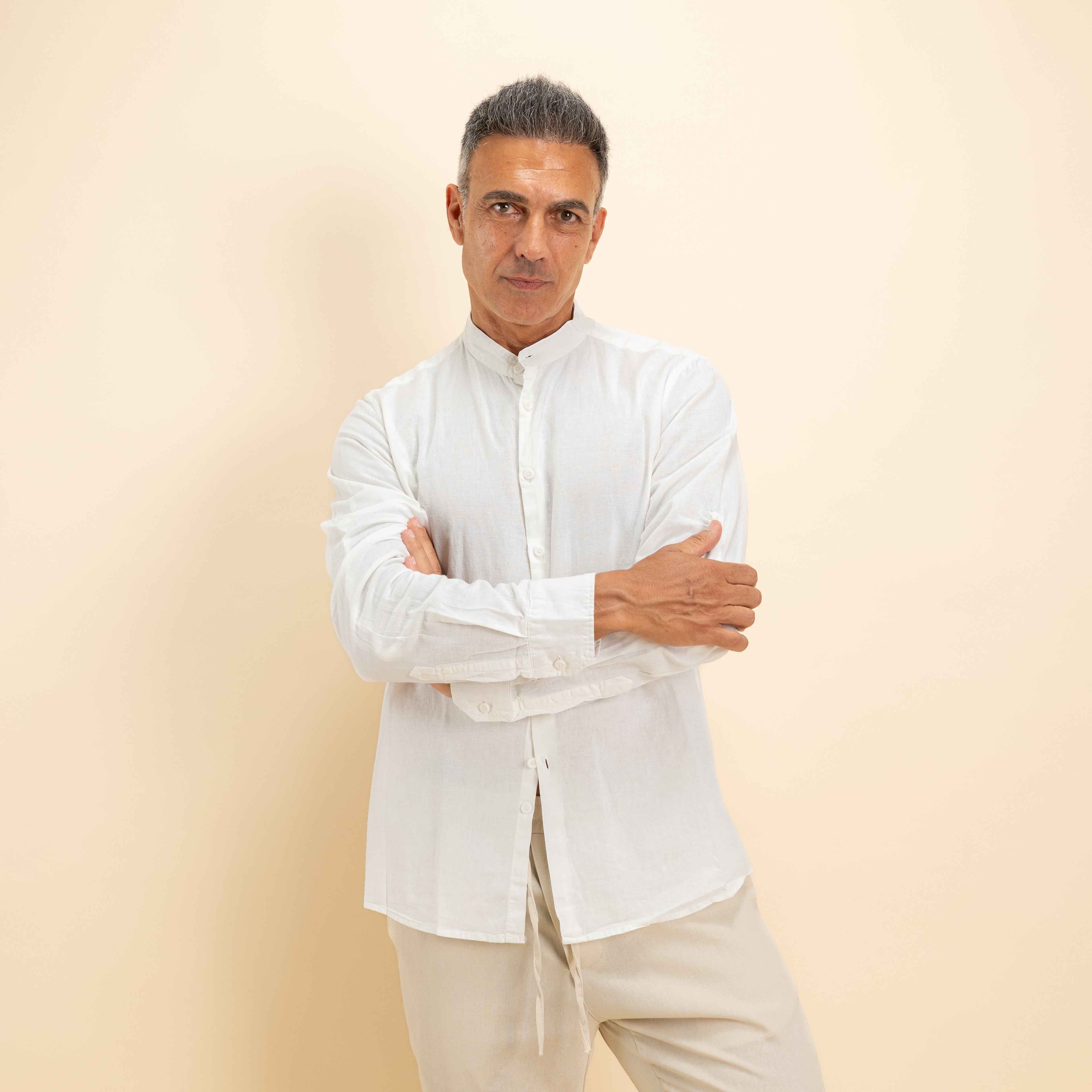 Camicia coreana in misto lino - Bianco