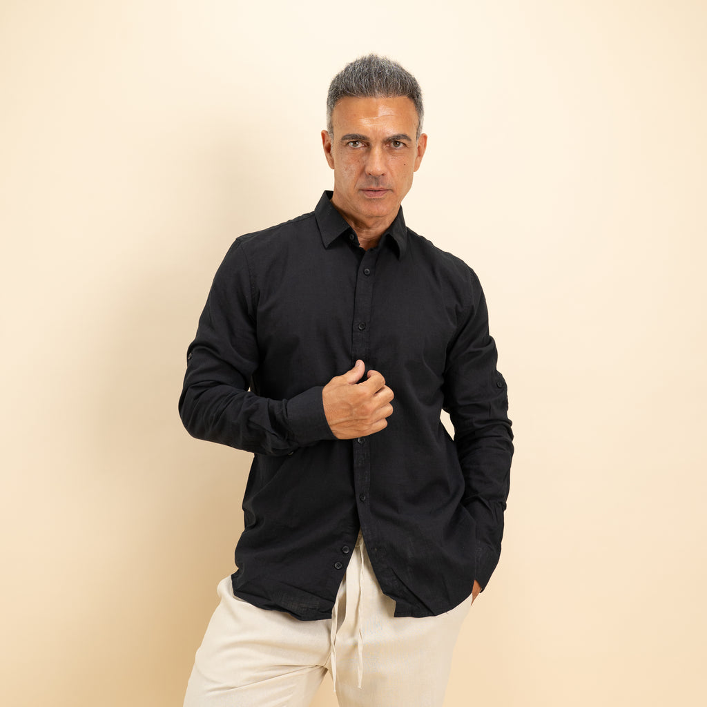 Camicia in misto lino - Nero