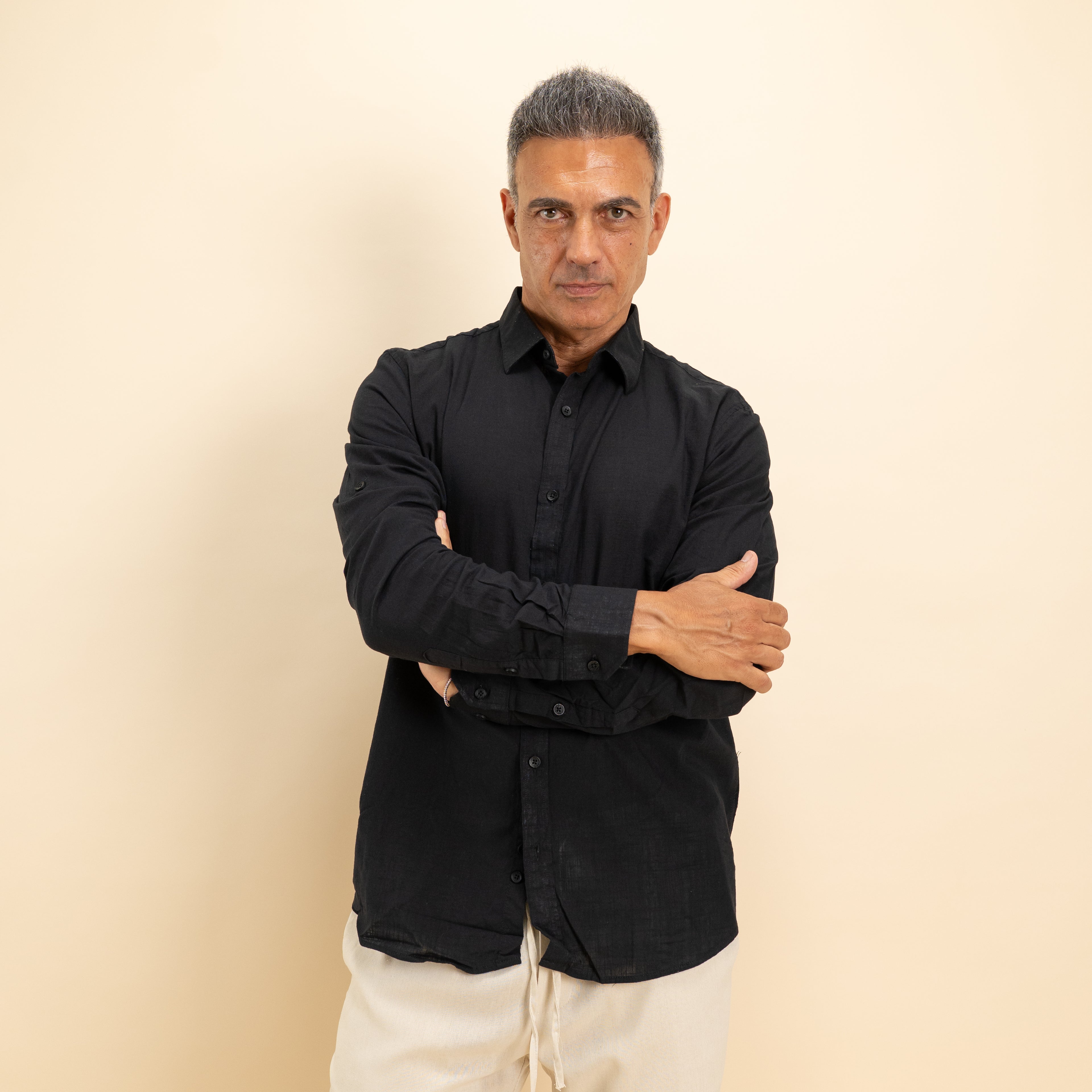 Camicia in misto lino - Nero