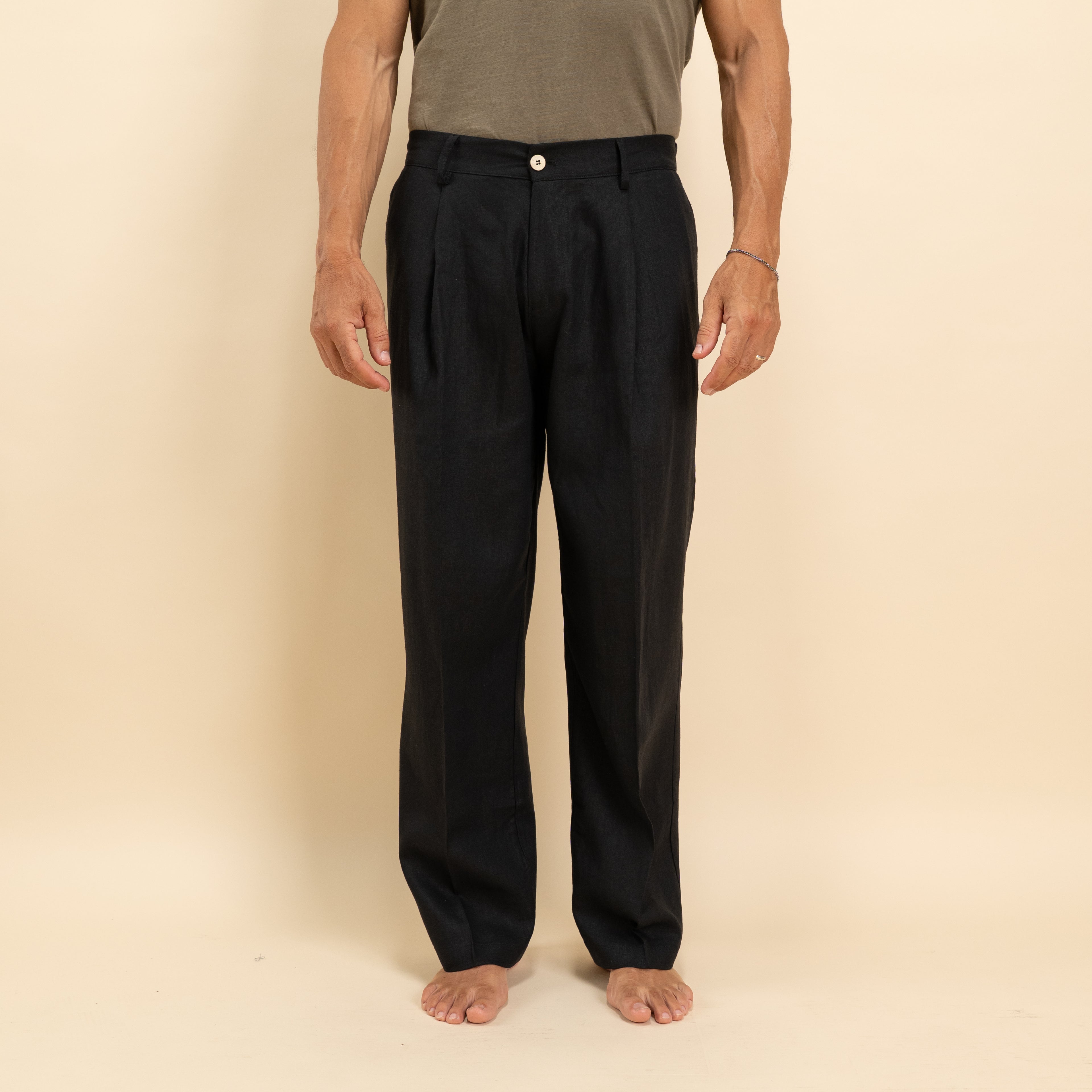Pantalone palazzo con molla sul retro in misto lino - Nero
