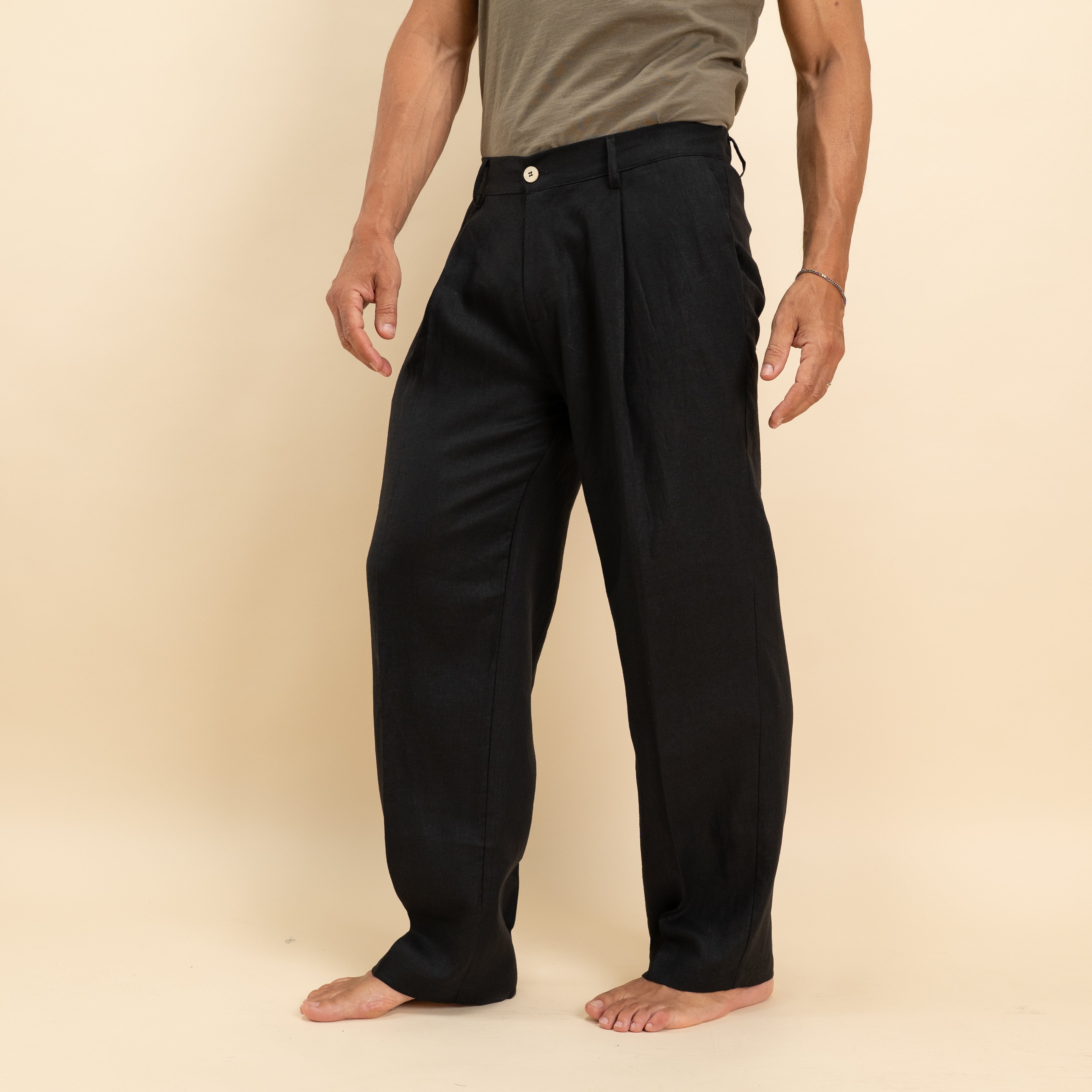 Pantalone palazzo con molla sul retro in misto lino - Nero