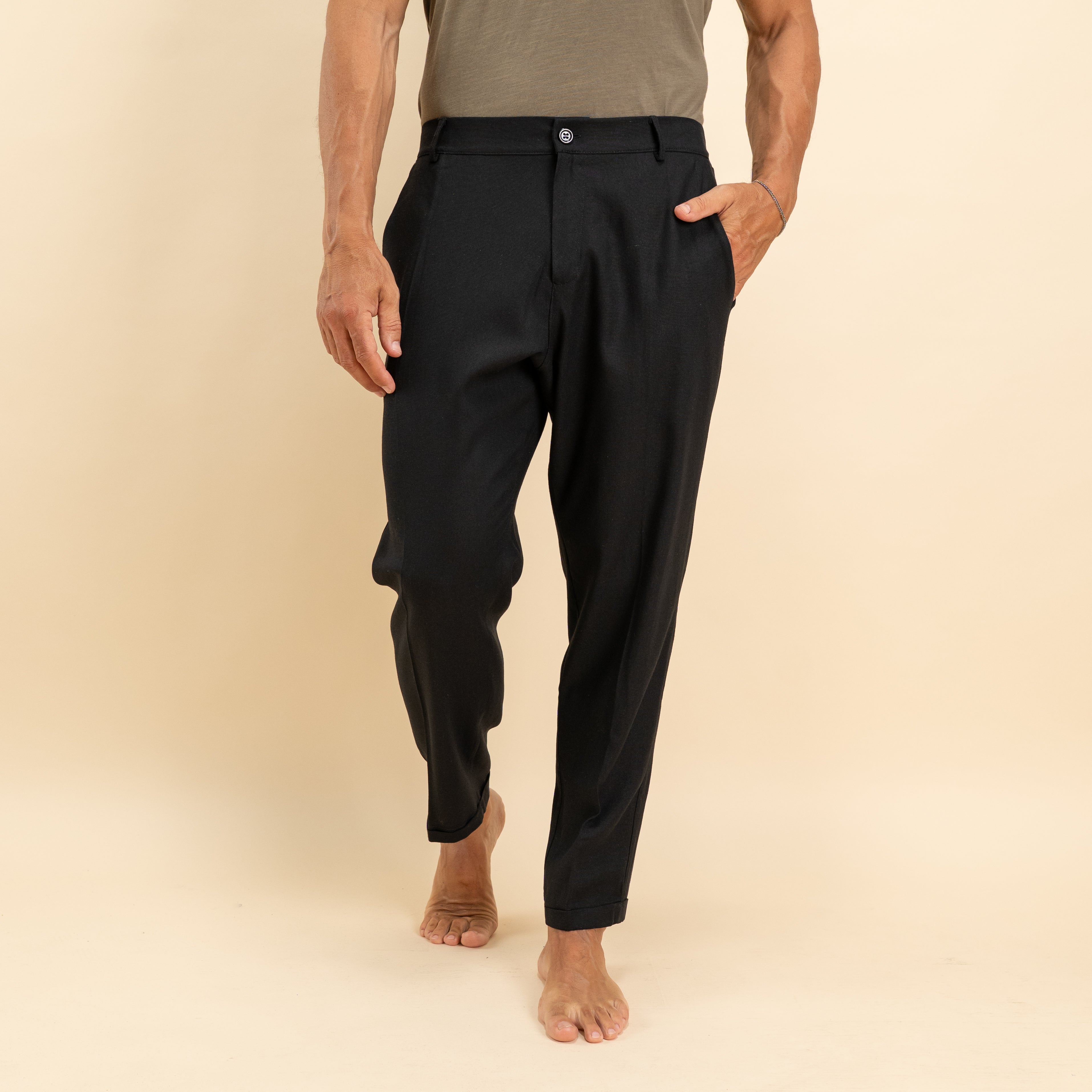 Pantalone in misto lino con pieghino - Nero