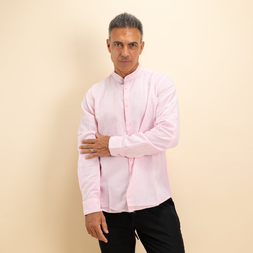 Camicia coreana in misto lino - Rosa