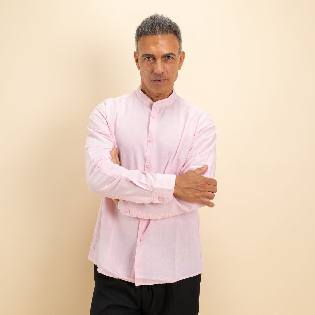 Camicia coreana in misto lino - Rosa