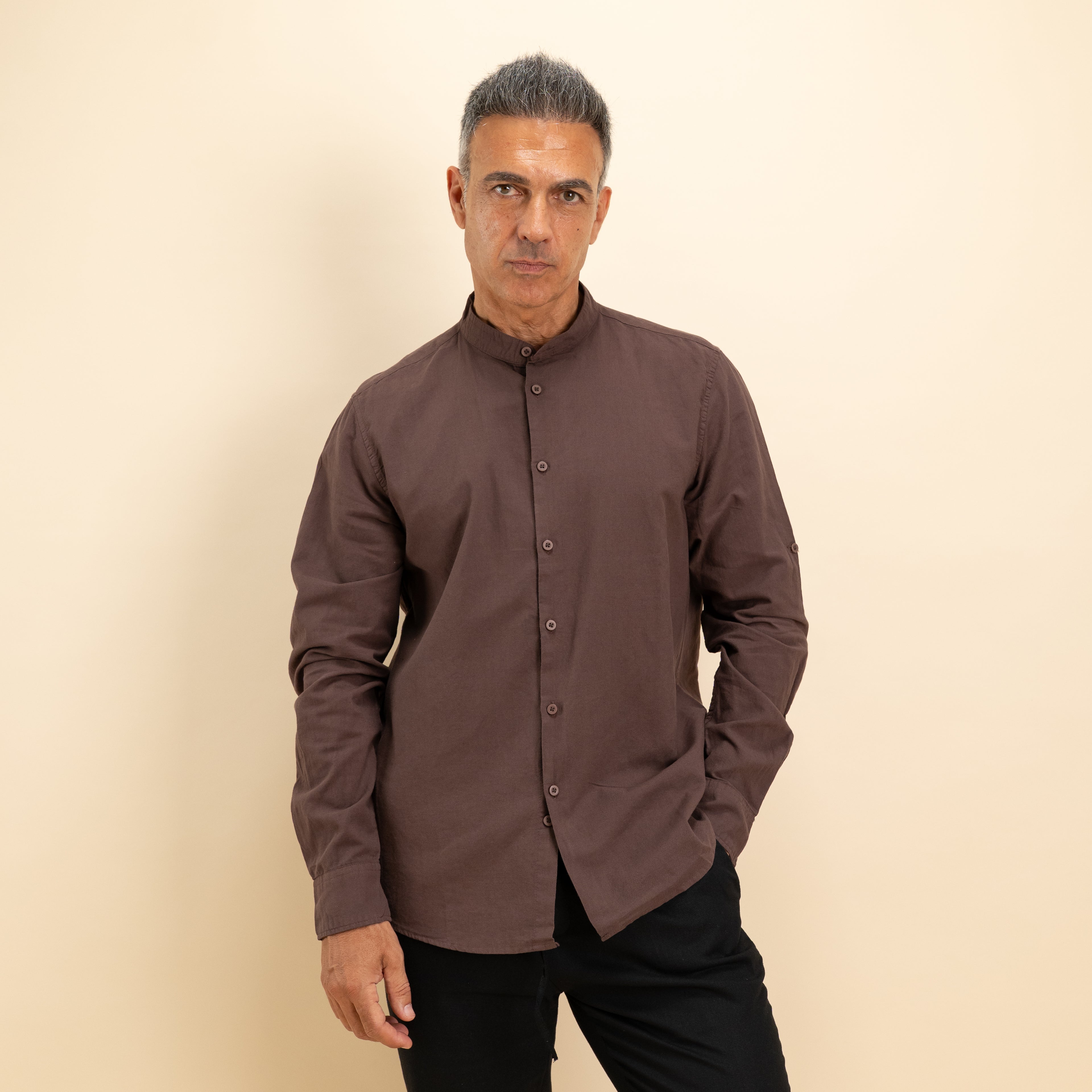 Camicia coreana in misto lino - Moro